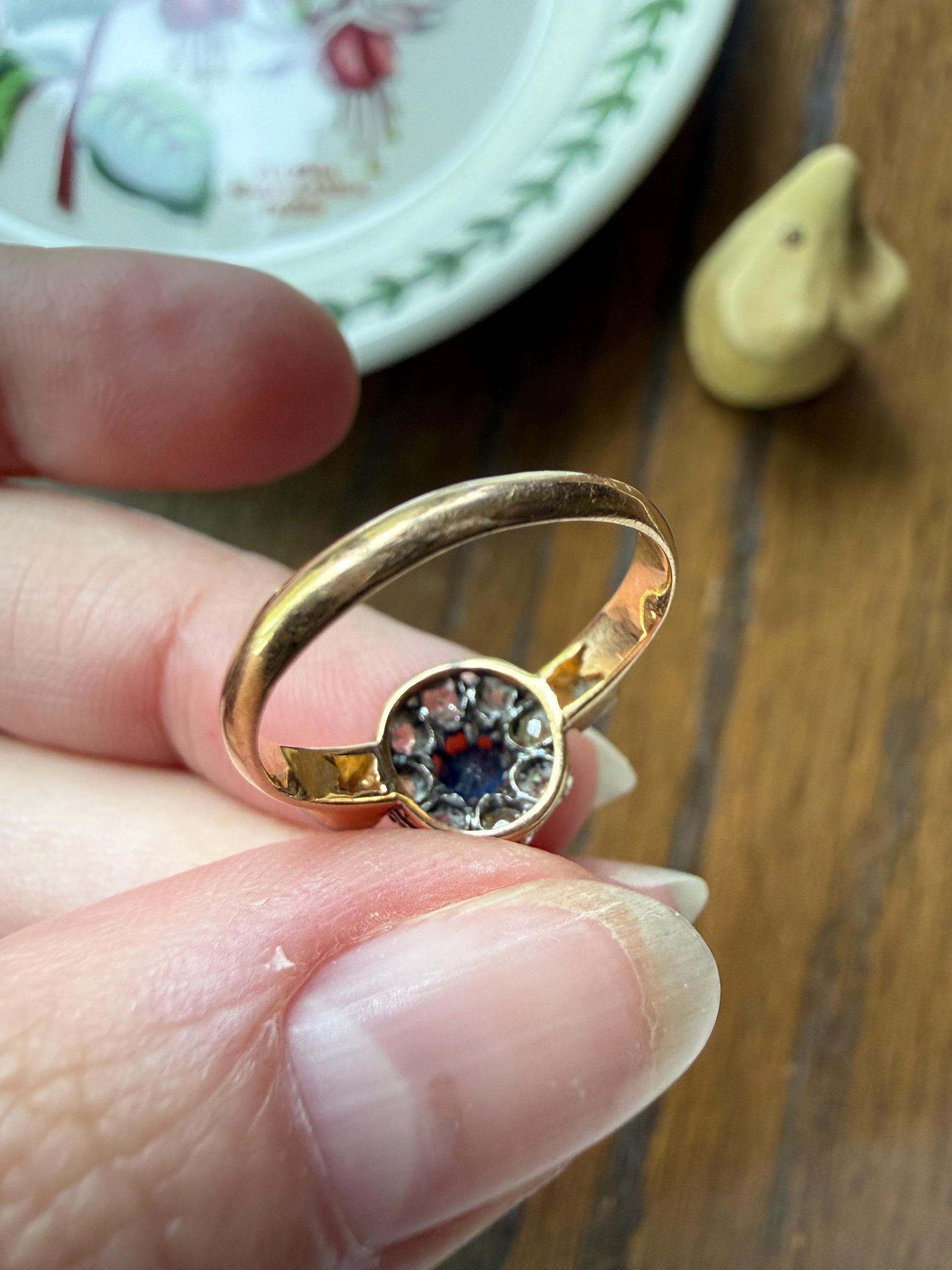 Antique Natural Sapphire Mixed Old Cut Diamond Halo Ring French Victorian 18k Gold Mine Rose & Table Cut Fancy Light Yellow Cluster Blue