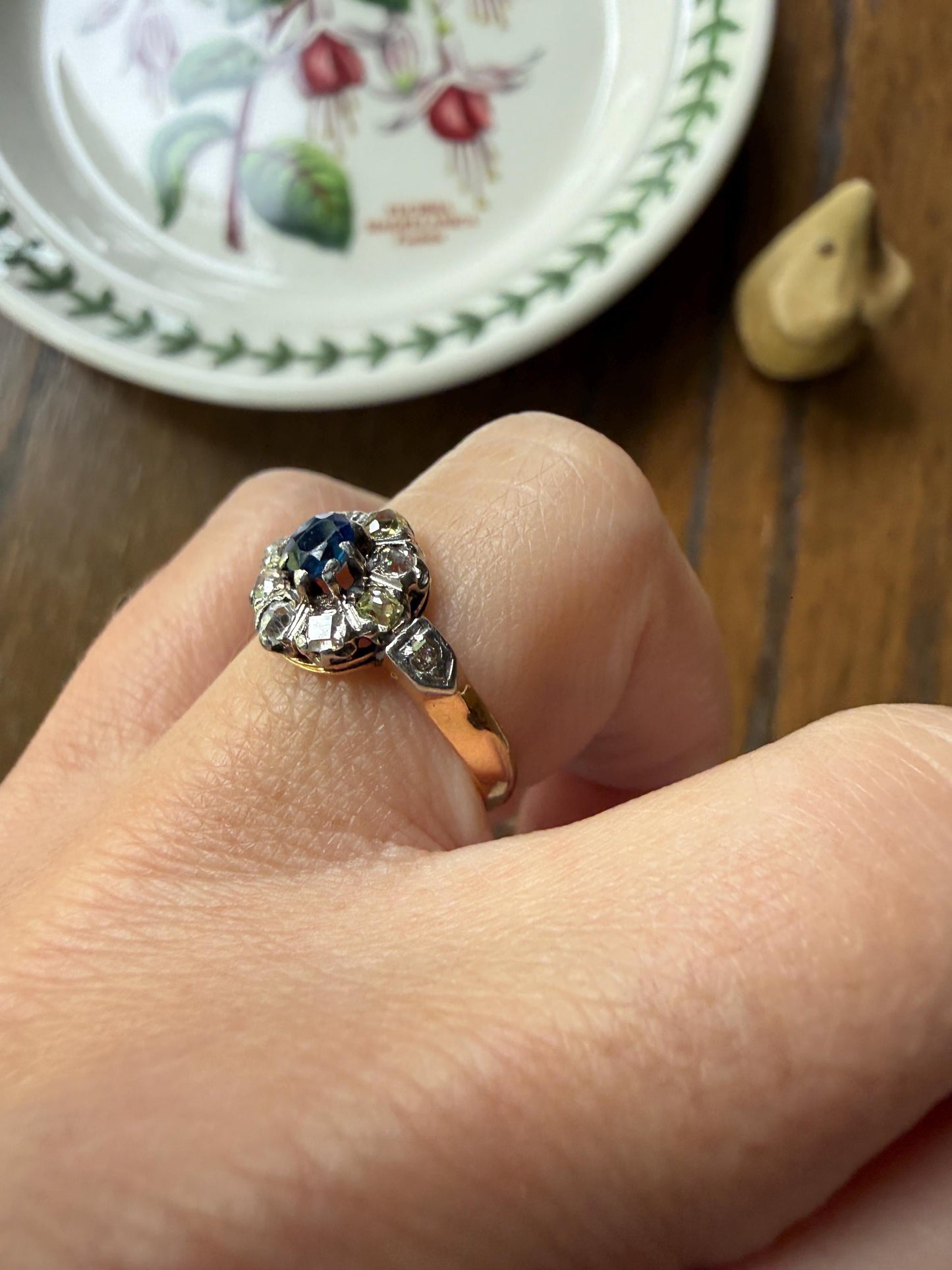 Antique Natural Sapphire Mixed Old Cut Diamond Halo Ring French Victorian 18k Gold Mine Rose & Table Cut Fancy Light Yellow Cluster Blue