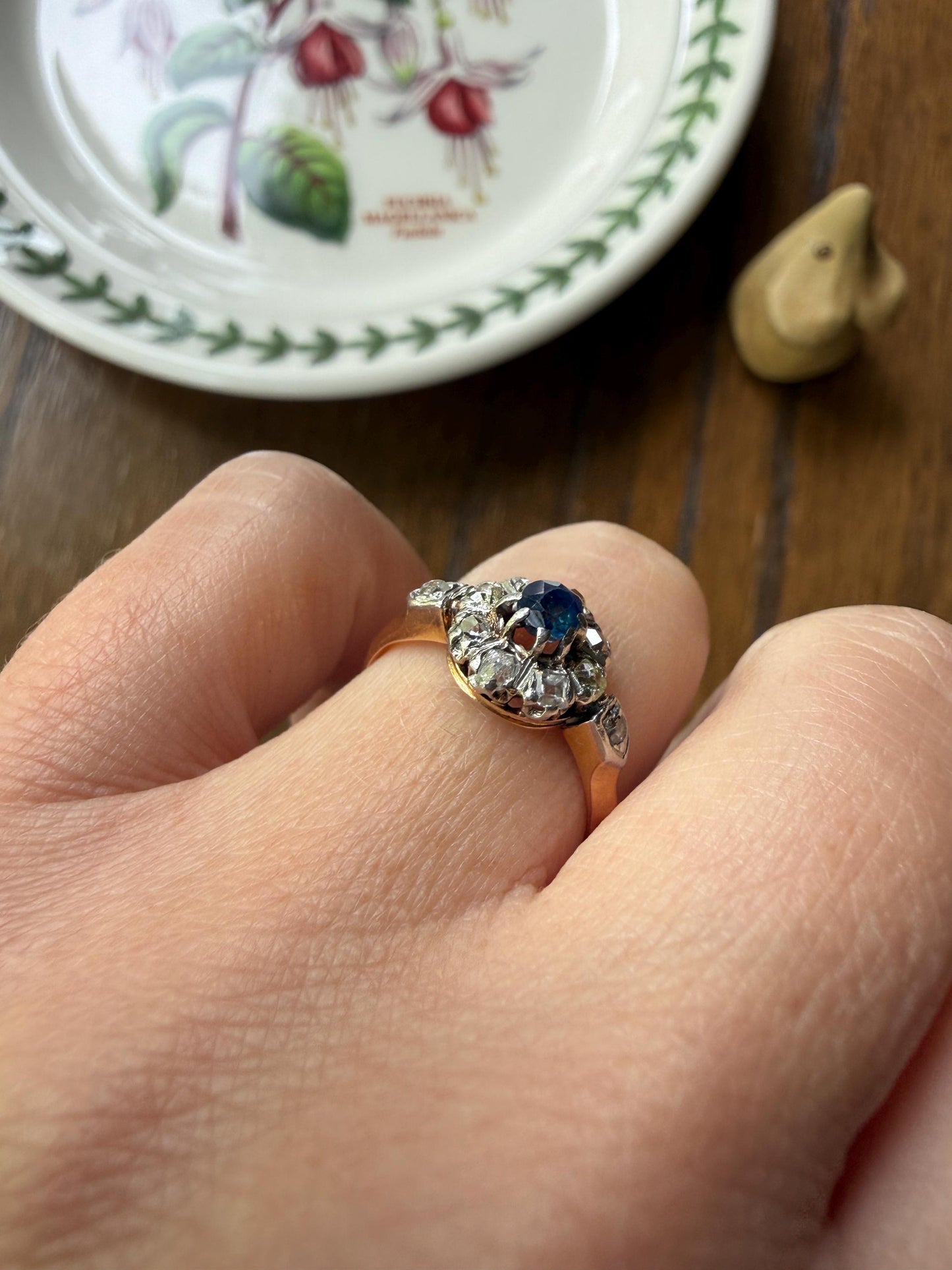 Antique Natural Sapphire Mixed Old Cut Diamond Halo Ring French Victorian 18k Gold Mine Rose & Table Cut Fancy Light Yellow Cluster Blue