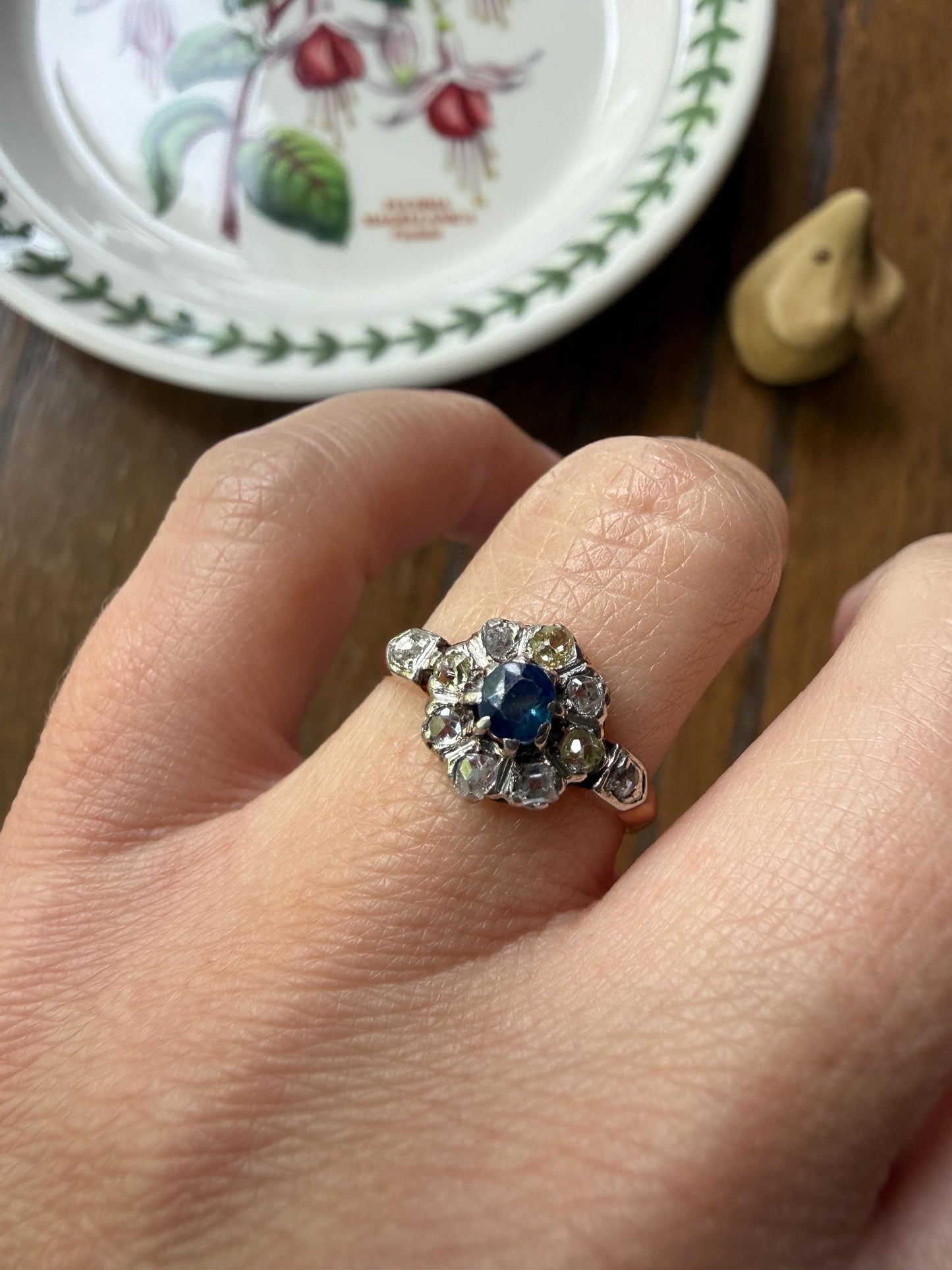 Antique Natural Sapphire Mixed Old Cut Diamond Halo Ring French Victorian 18k Gold Mine Rose & Table Cut Fancy Light Yellow Cluster Blue