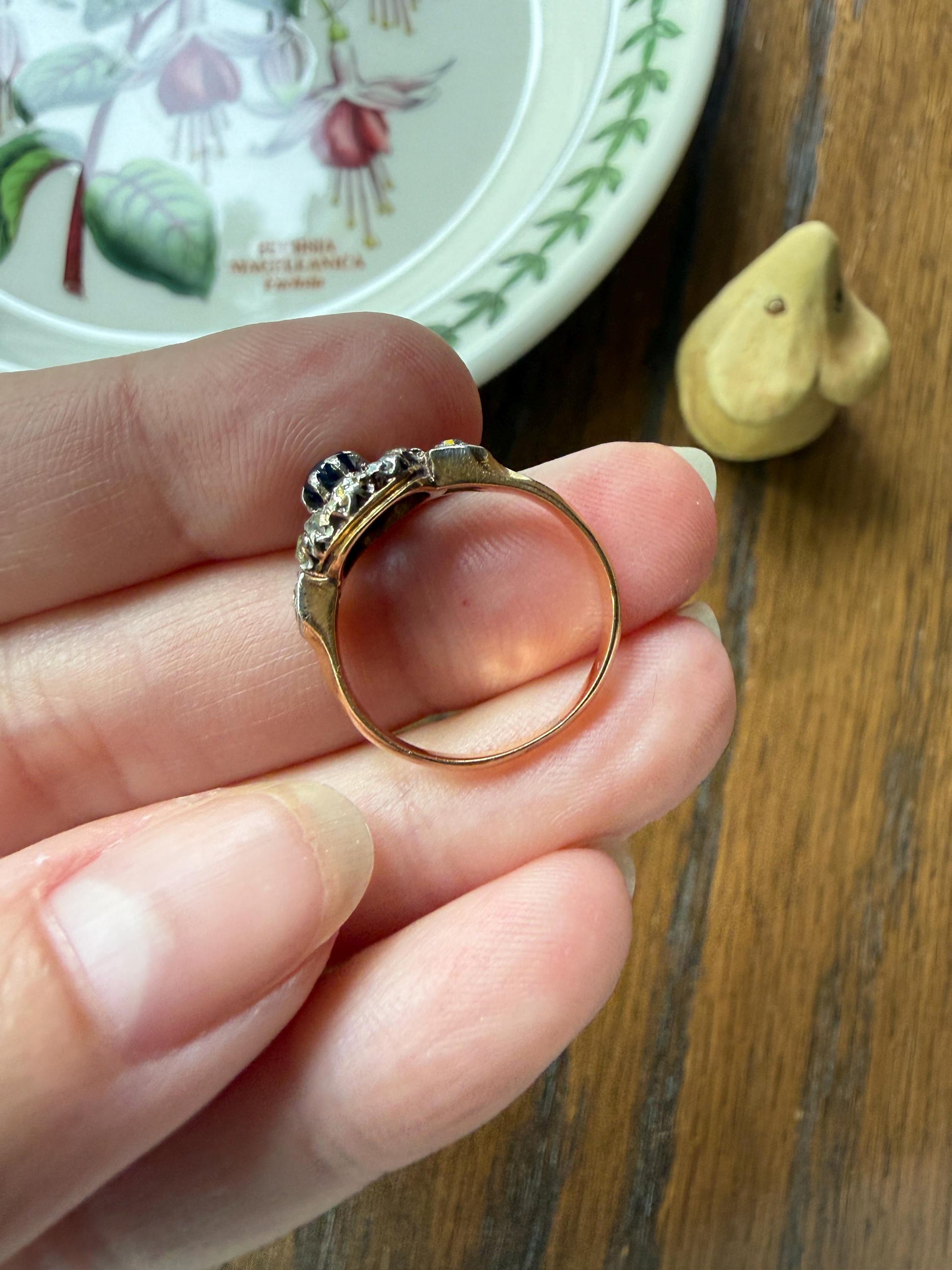 Antique Natural Sapphire Mixed Old Cut Diamond Halo Ring French Victorian 18k Gold Mine Rose & Table Cut Fancy Light Yellow Cluster Blue