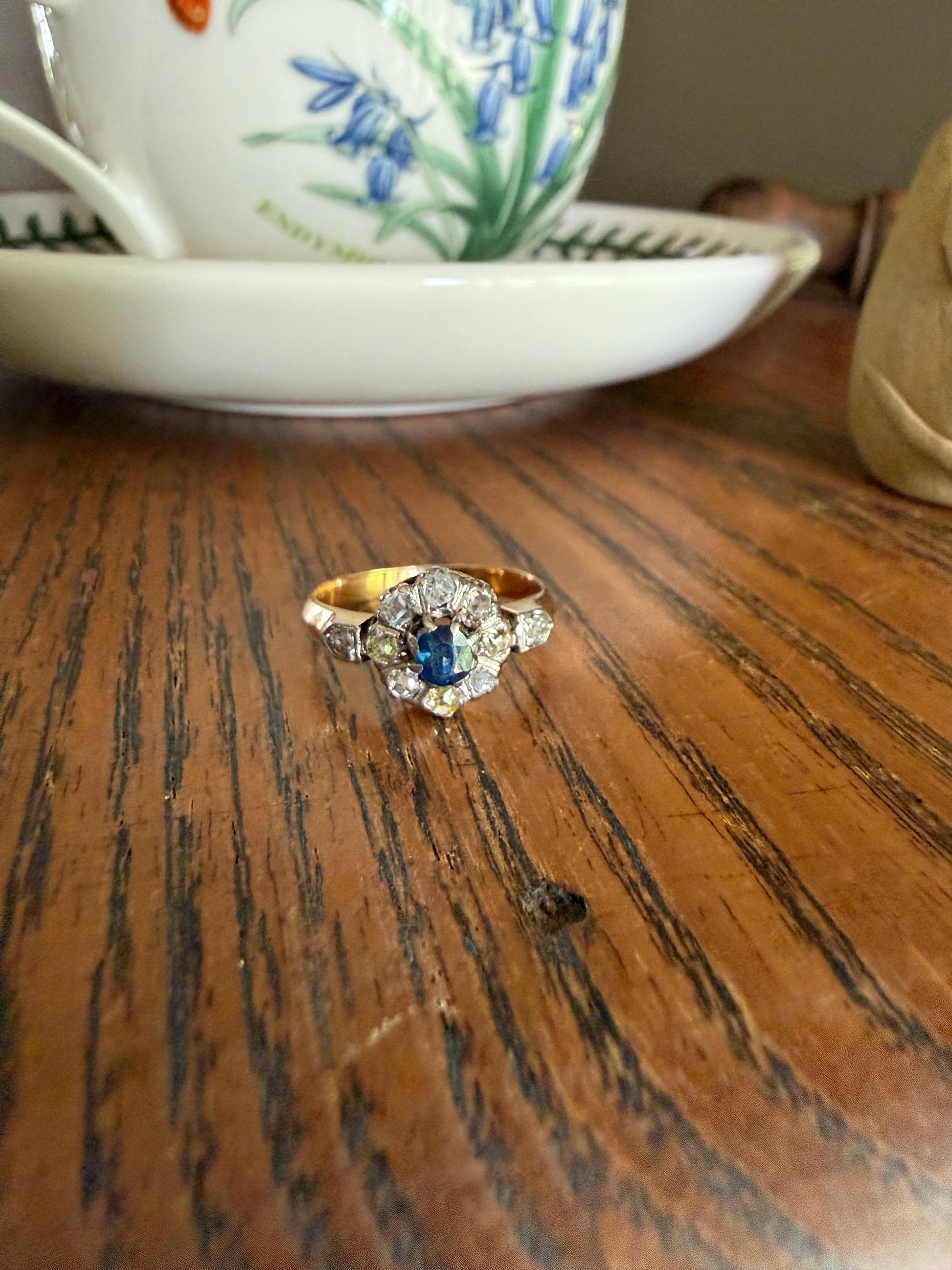 Antique Natural Sapphire Mixed Old Cut Diamond Halo Ring French Victorian 18k Gold Mine Rose & Table Cut Fancy Light Yellow Cluster Blue