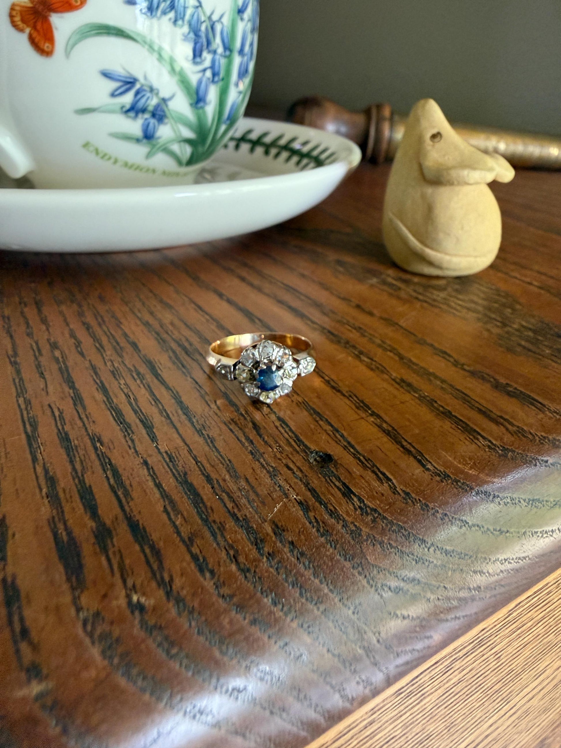 Antique Natural Sapphire Mixed Old Cut Diamond Halo Ring French Victorian 18k Gold Mine Rose & Table Cut Fancy Light Yellow Cluster Blue