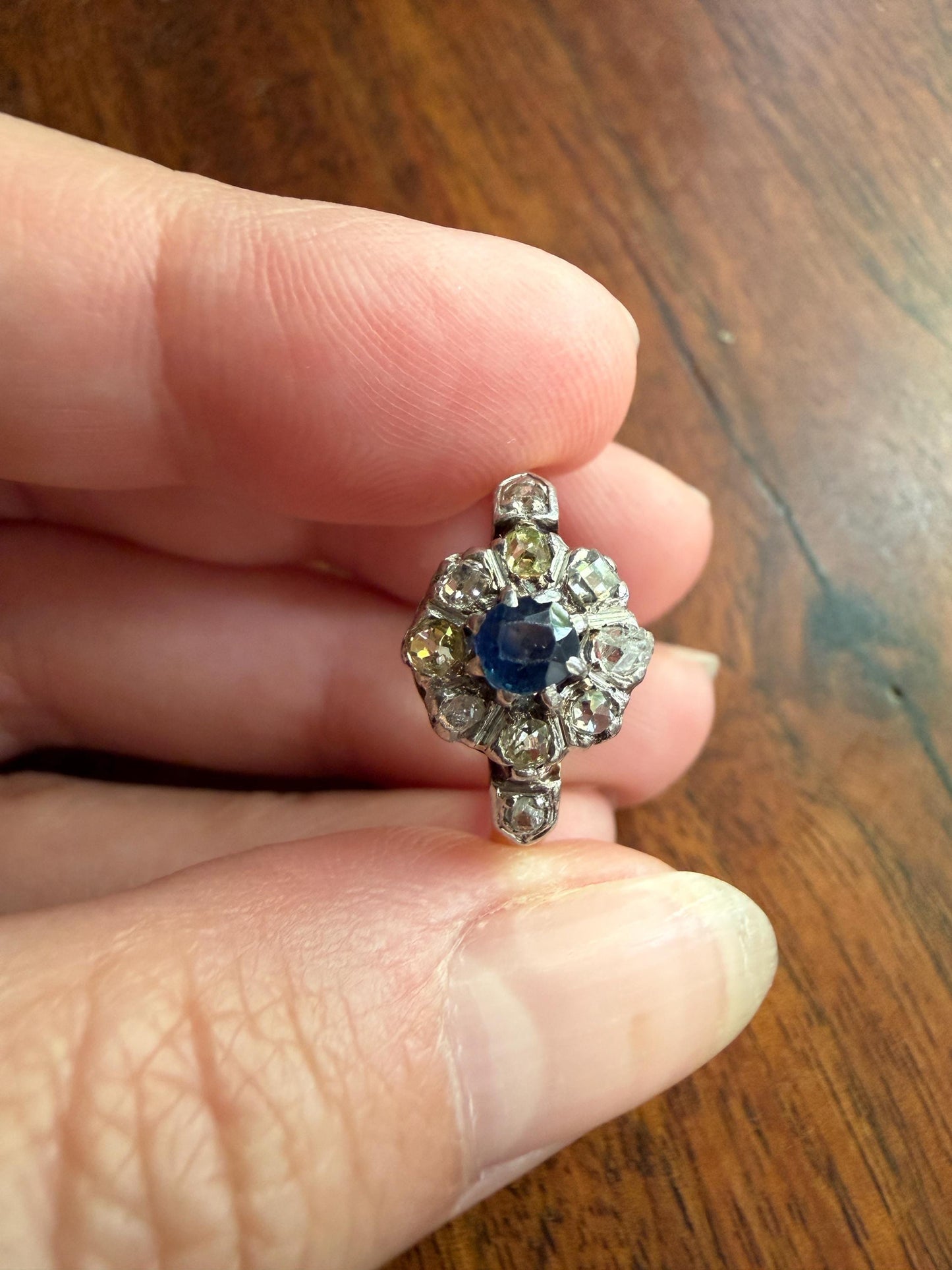 Antique Natural Sapphire Mixed Old Cut Diamond Halo Ring French Victorian 18k Gold Mine Rose & Table Cut Fancy Light Yellow Cluster Blue