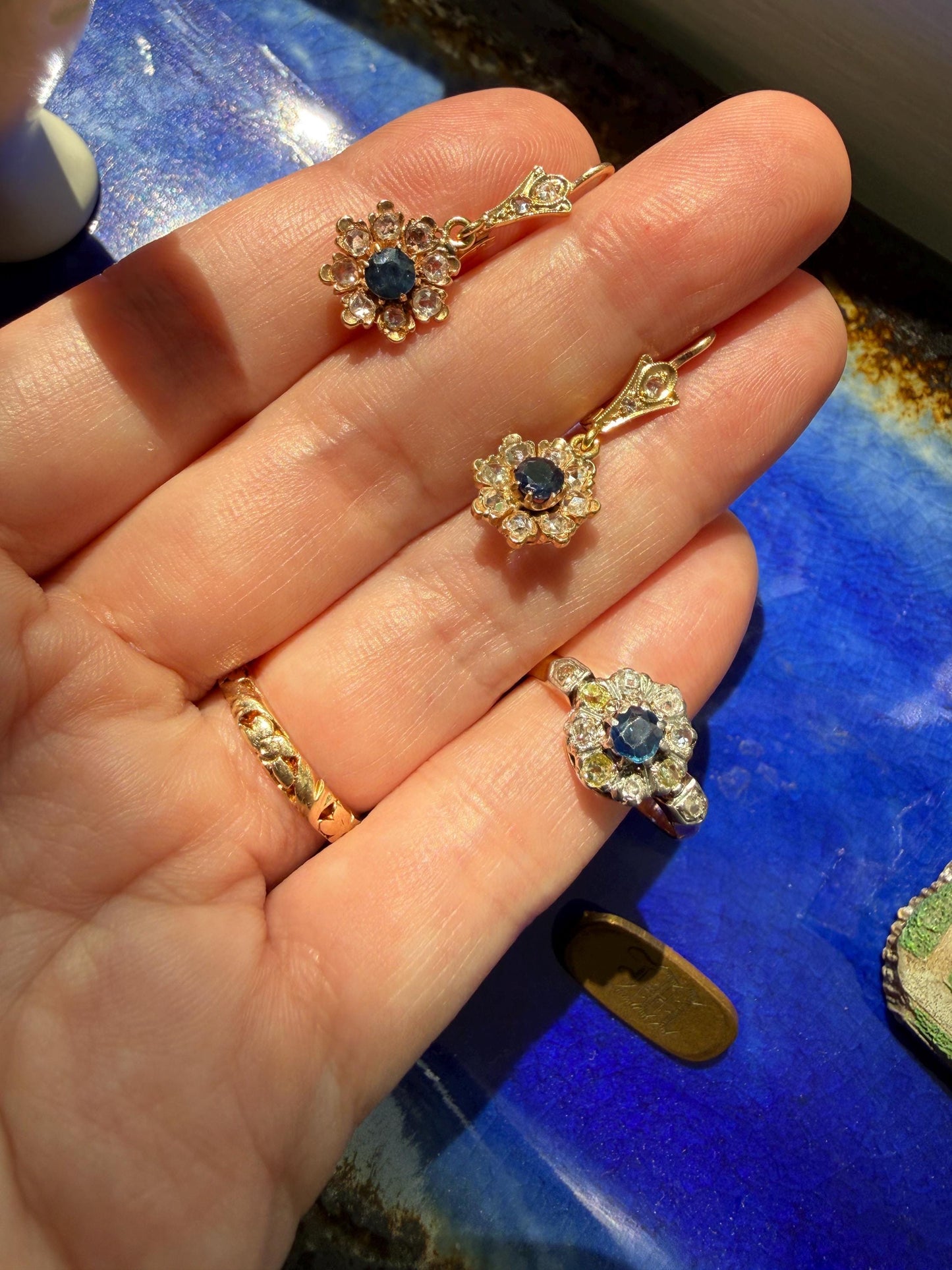 Antique Natural Sapphire Mixed Old Cut Diamond Halo Ring French Victorian 18k Gold Mine Rose & Table Cut Fancy Light Yellow Cluster Blue