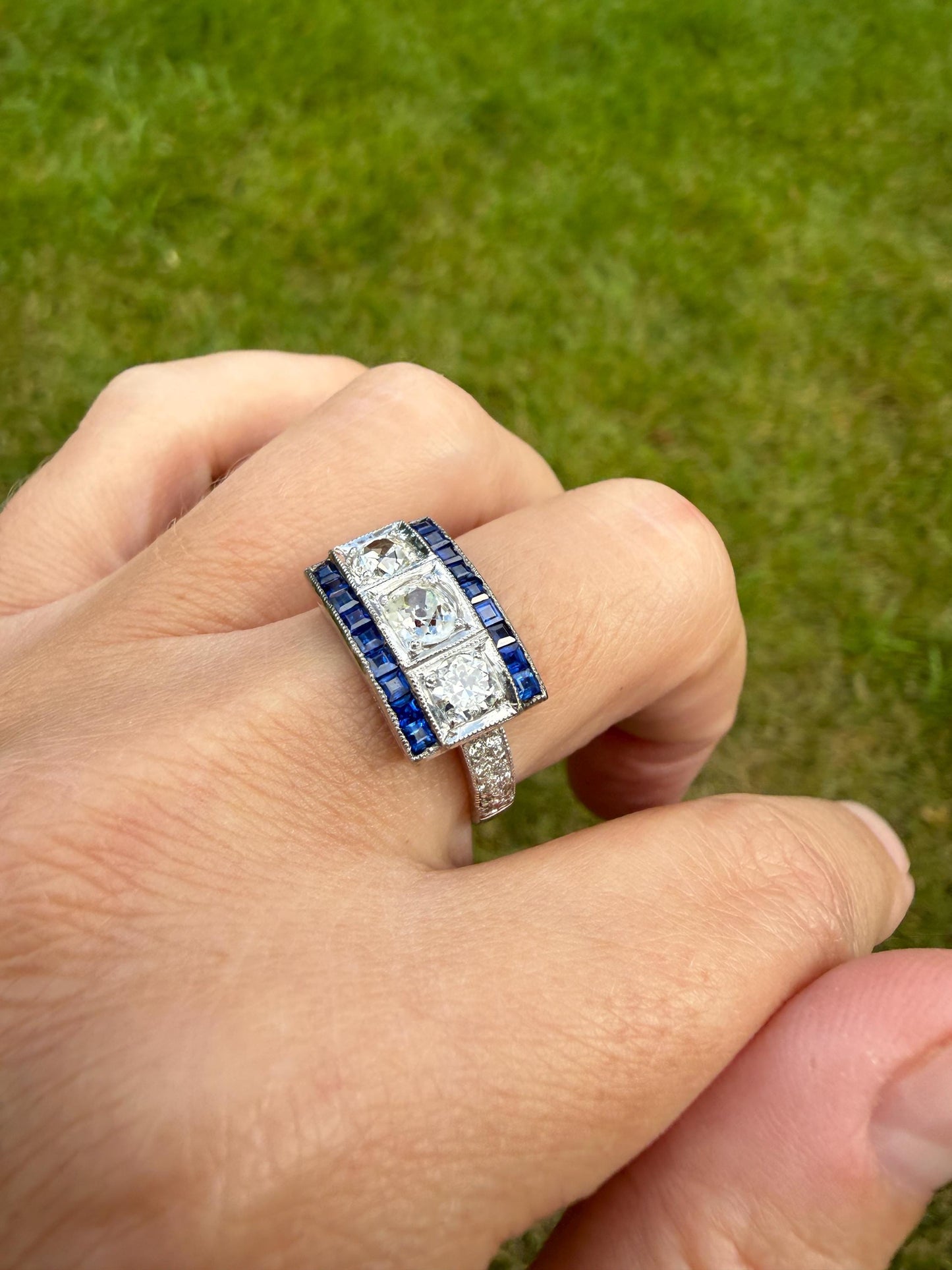 Vintage 1.25 Carat Transitional Old Mine Cut Diamond Natural Sapphire Ring 18k White Gold Carre Blue Art Deco Geometric Stacker Band