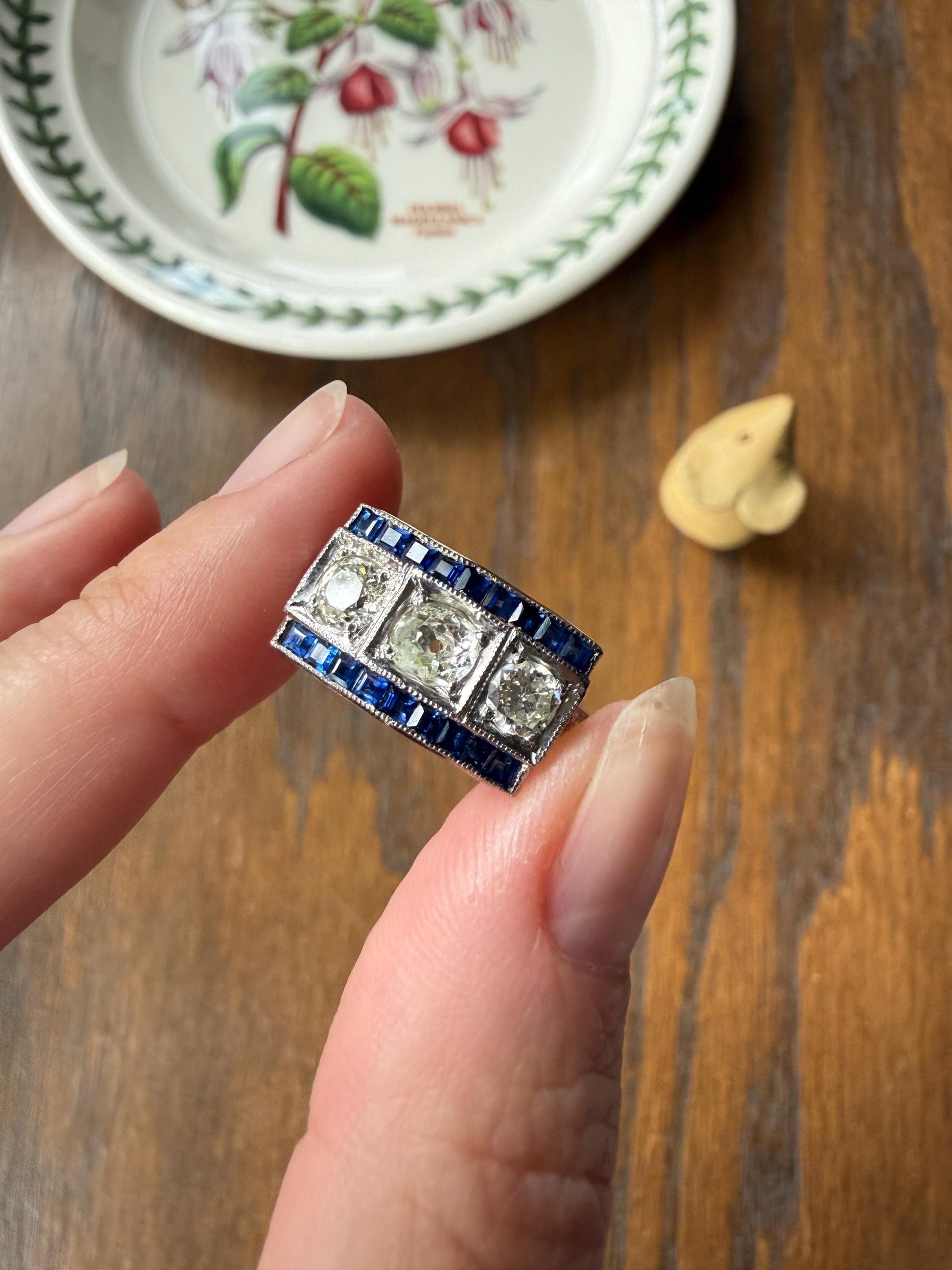 Vintage 1.25 Carat Transitional Old Mine Cut Diamond Natural Sapphire Ring 18k White Gold Carre Blue Art Deco Geometric Stacker Band