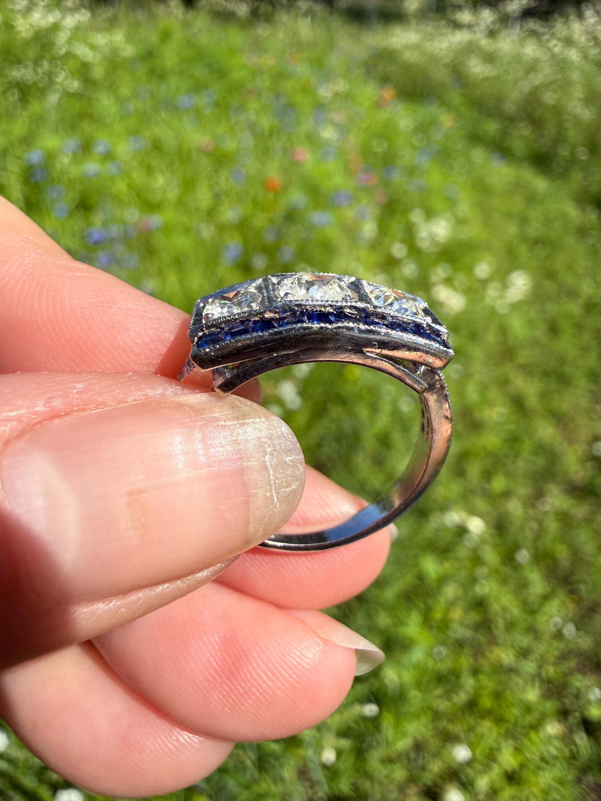 Vintage 1.25 Carat Transitional Old Mine Cut Diamond Natural Sapphire Ring 18k White Gold Carre Blue Art Deco Geometric Stacker Band