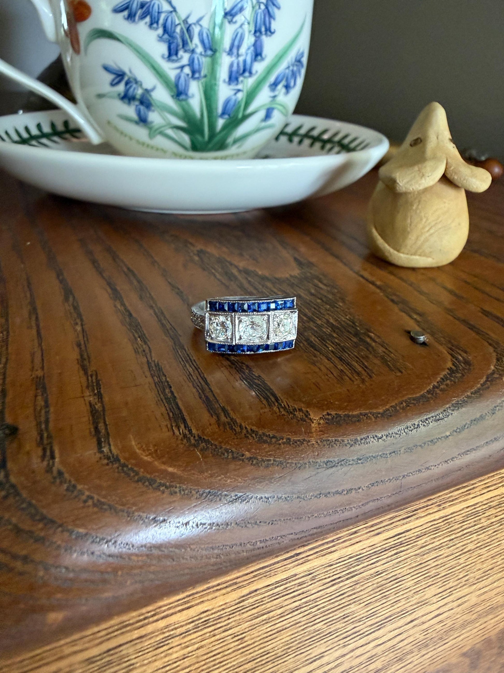 Vintage 1.25 Carat Transitional Old Mine Cut Diamond Natural Sapphire Ring 18k White Gold Carre Blue Art Deco Geometric Stacker Band