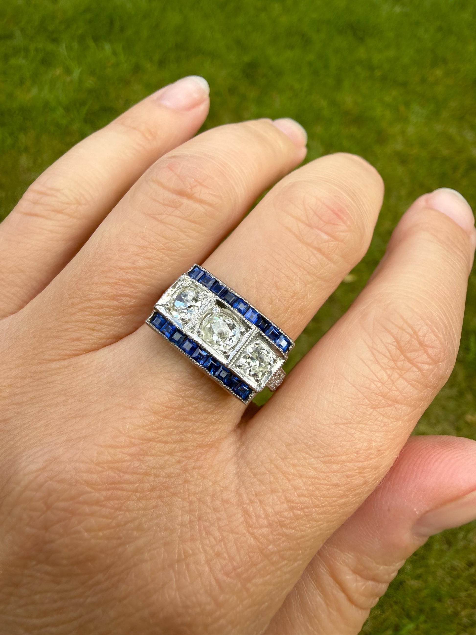 Vintage 1.25 Carat Transitional Old Mine Cut Diamond Natural Sapphire Ring 18k White Gold Carre Blue Art Deco Geometric Stacker Band