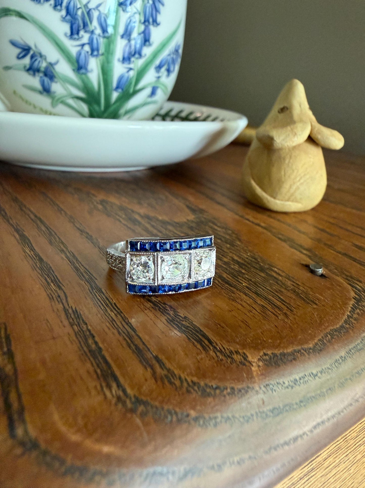 Vintage 1.25 Carat Transitional Old Mine Cut Diamond Natural Sapphire Ring 18k White Gold Carre Blue Art Deco Geometric Stacker Band
