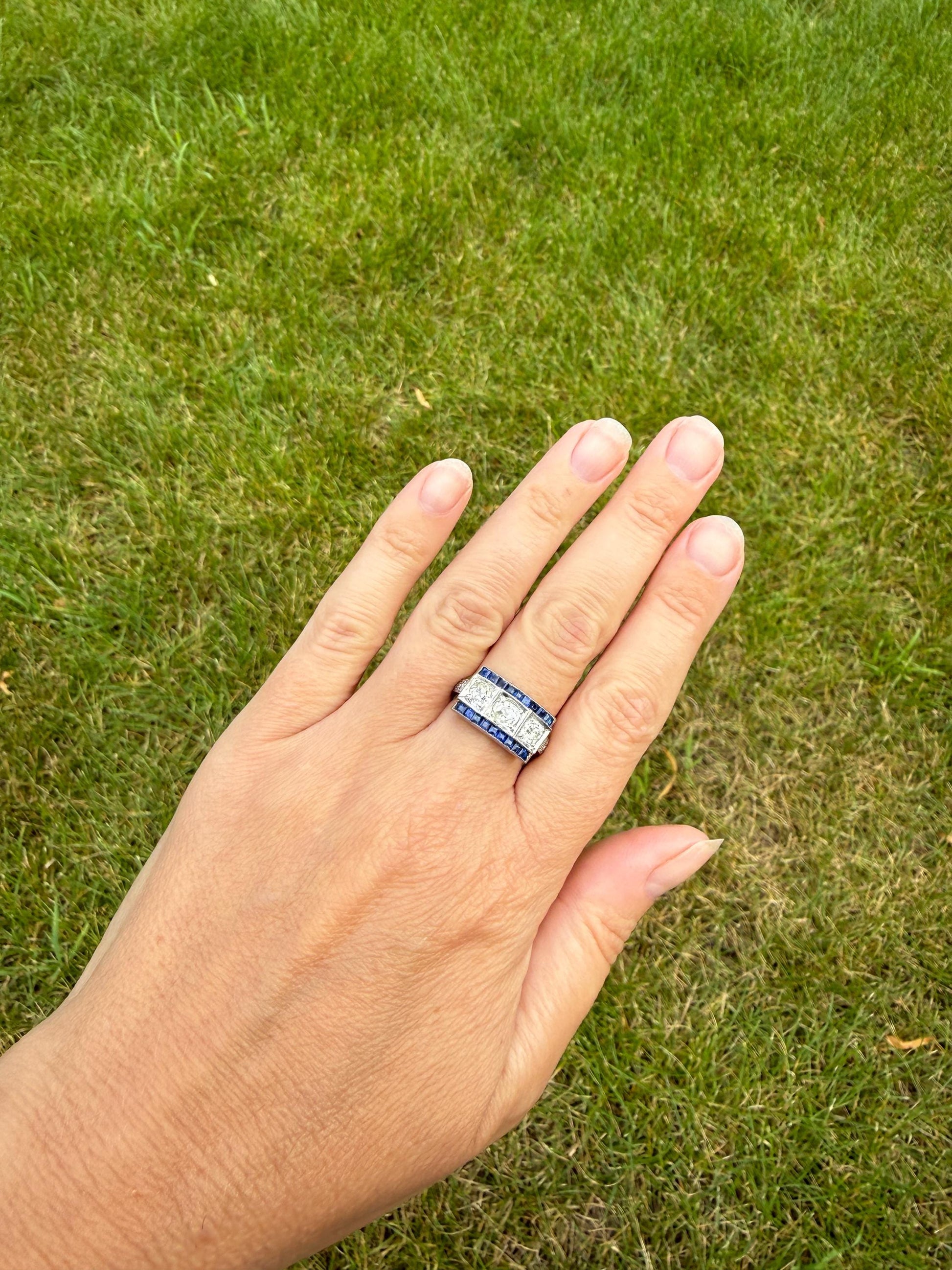 Vintage 1.25 Carat Transitional Old Mine Cut Diamond Natural Sapphire Ring 18k White Gold Carre Blue Art Deco Geometric Stacker Band