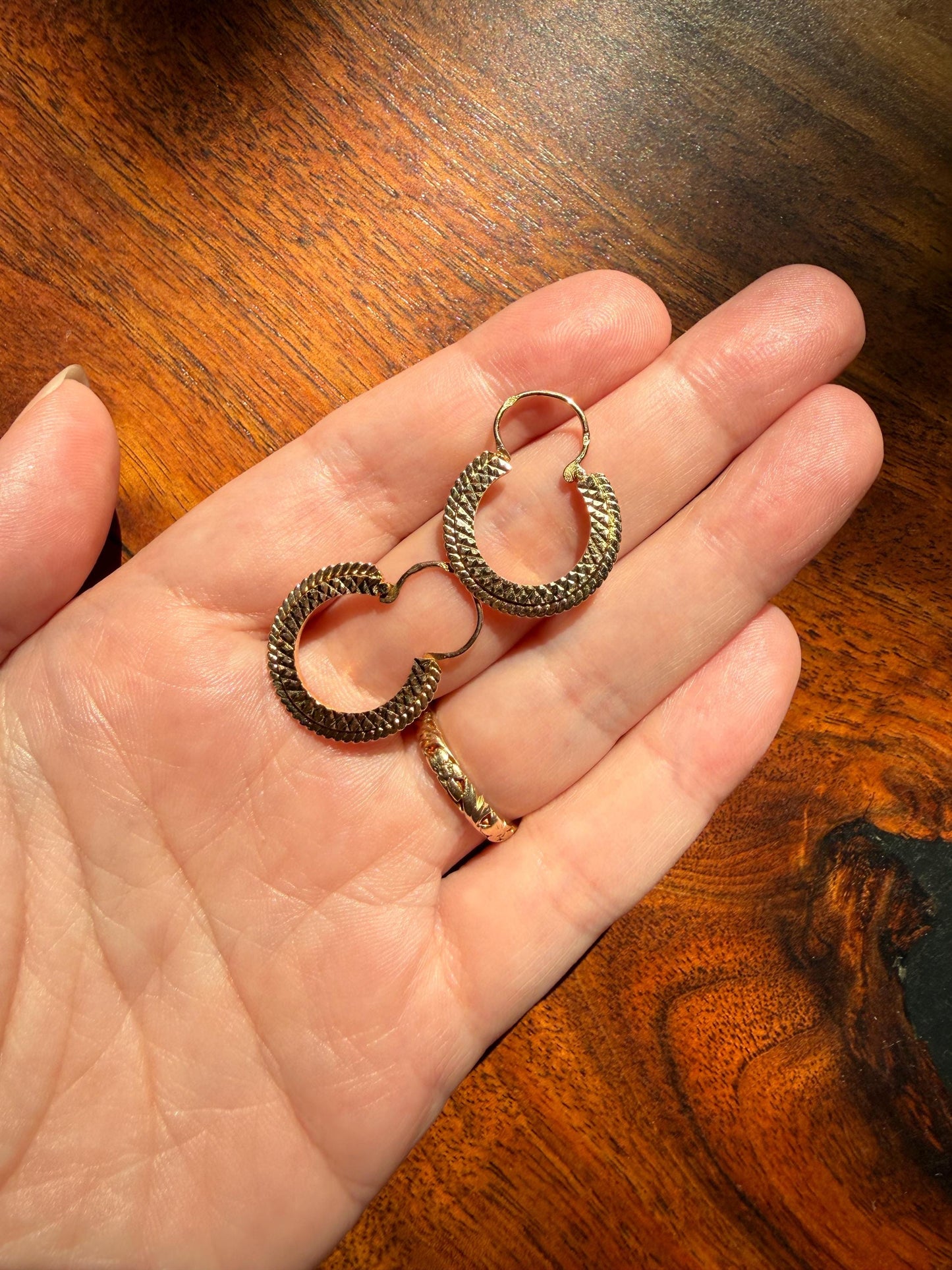 French Vintage CREOLE Hoop EARRINGS 18k Gold Dangle Beveled Shimmering Bright Cut Braided CrisCross Gypsy