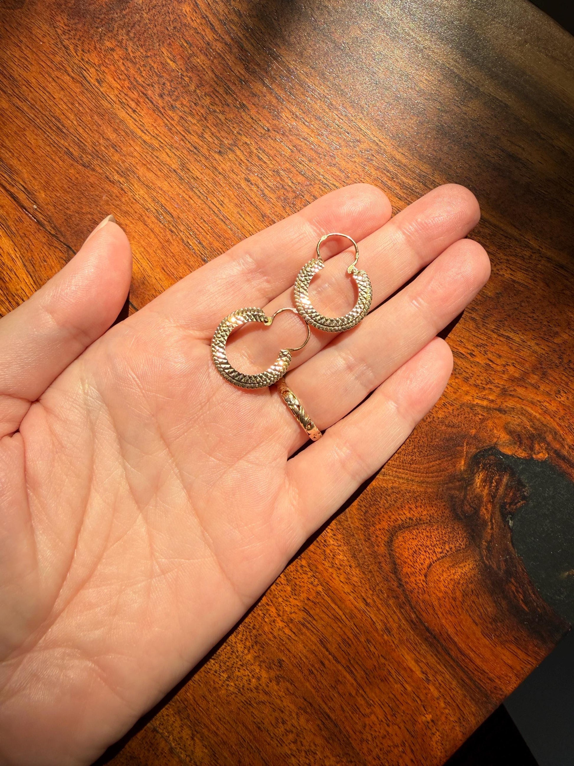 French Vintage CREOLE Hoop EARRINGS 18k Gold Dangle Beveled Shimmering Bright Cut Braided CrisCross Gypsy