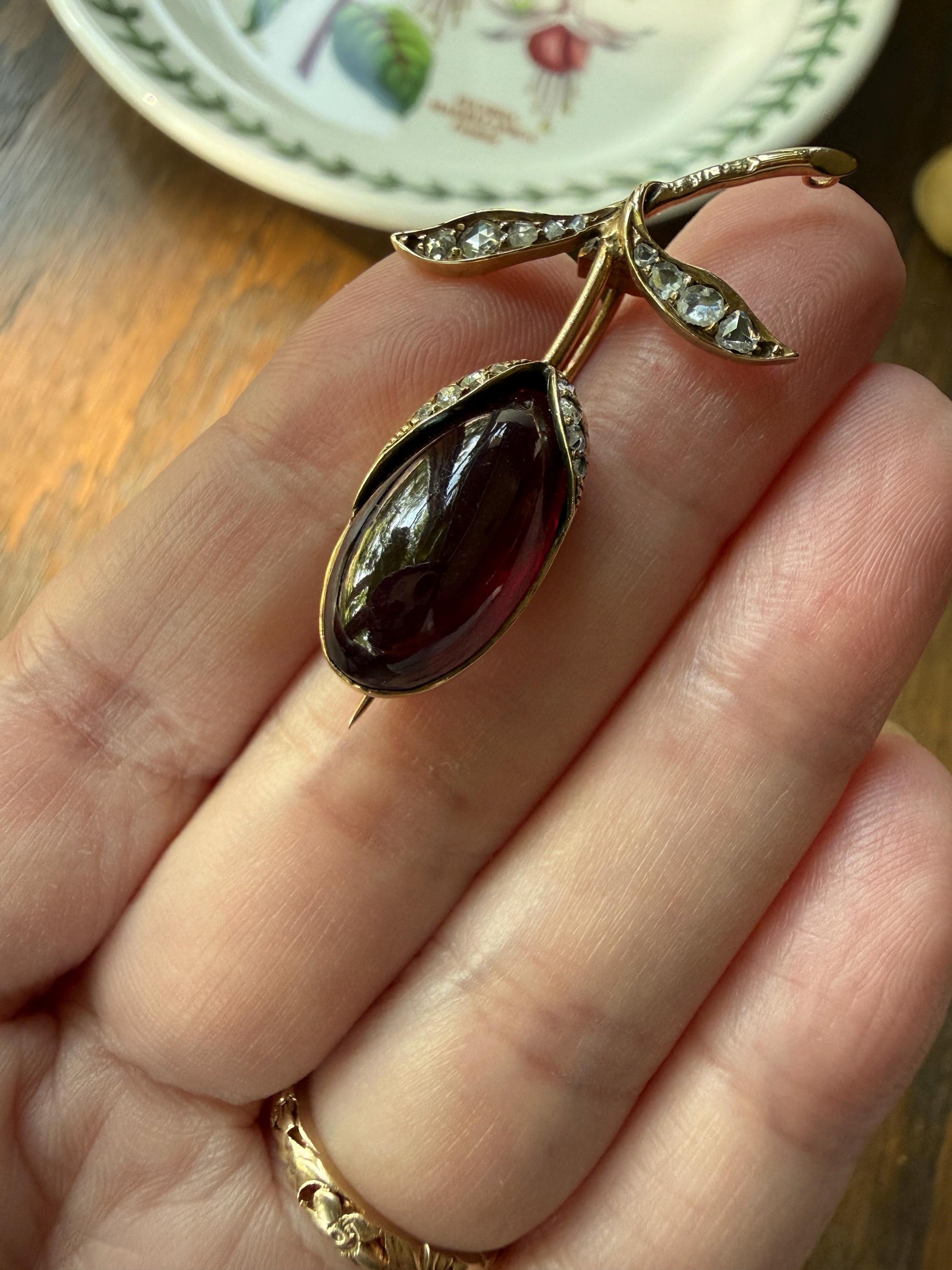 Antique VICTORIAN Juicy GARNET Figural Pendant Rose Cut Diamond Floral Brooch Pin 14k Gold Extender Connector Red Purple Pink