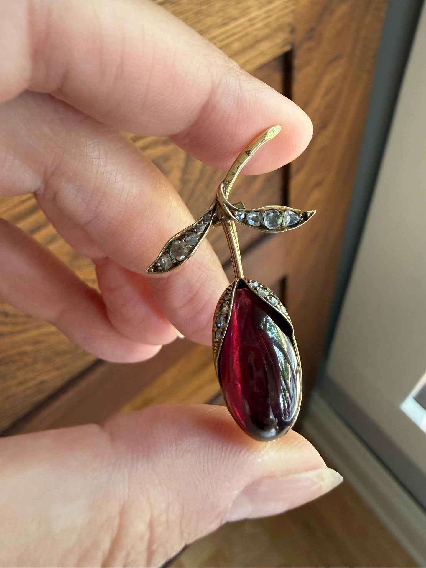 Antique VICTORIAN Juicy GARNET Figural Pendant Rose Cut Diamond Floral Brooch Pin 14k Gold Extender Connector Red Purple Pink