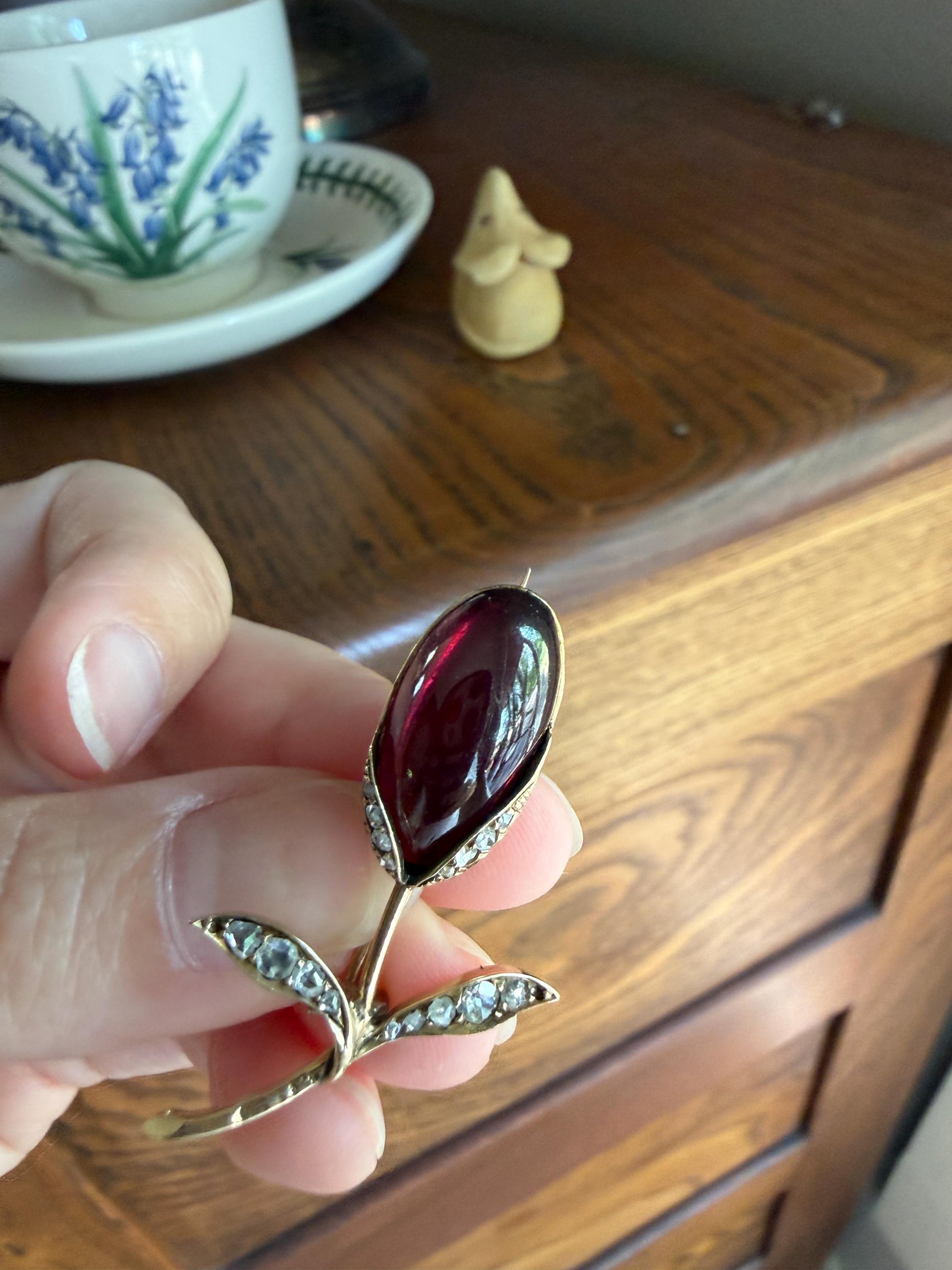Antique VICTORIAN Juicy GARNET Figural Pendant Rose Cut Diamond Floral Brooch Pin 14k Gold Extender Connector Red Purple Pink