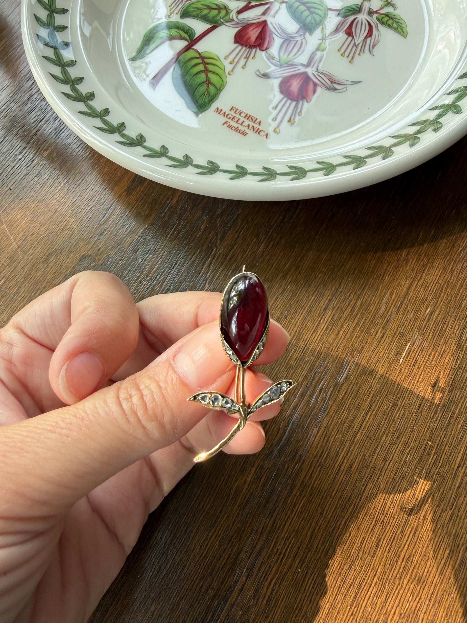 Antique VICTORIAN Juicy GARNET Figural Pendant Rose Cut Diamond Floral Brooch Pin 14k Gold Extender Connector Red Purple Pink
