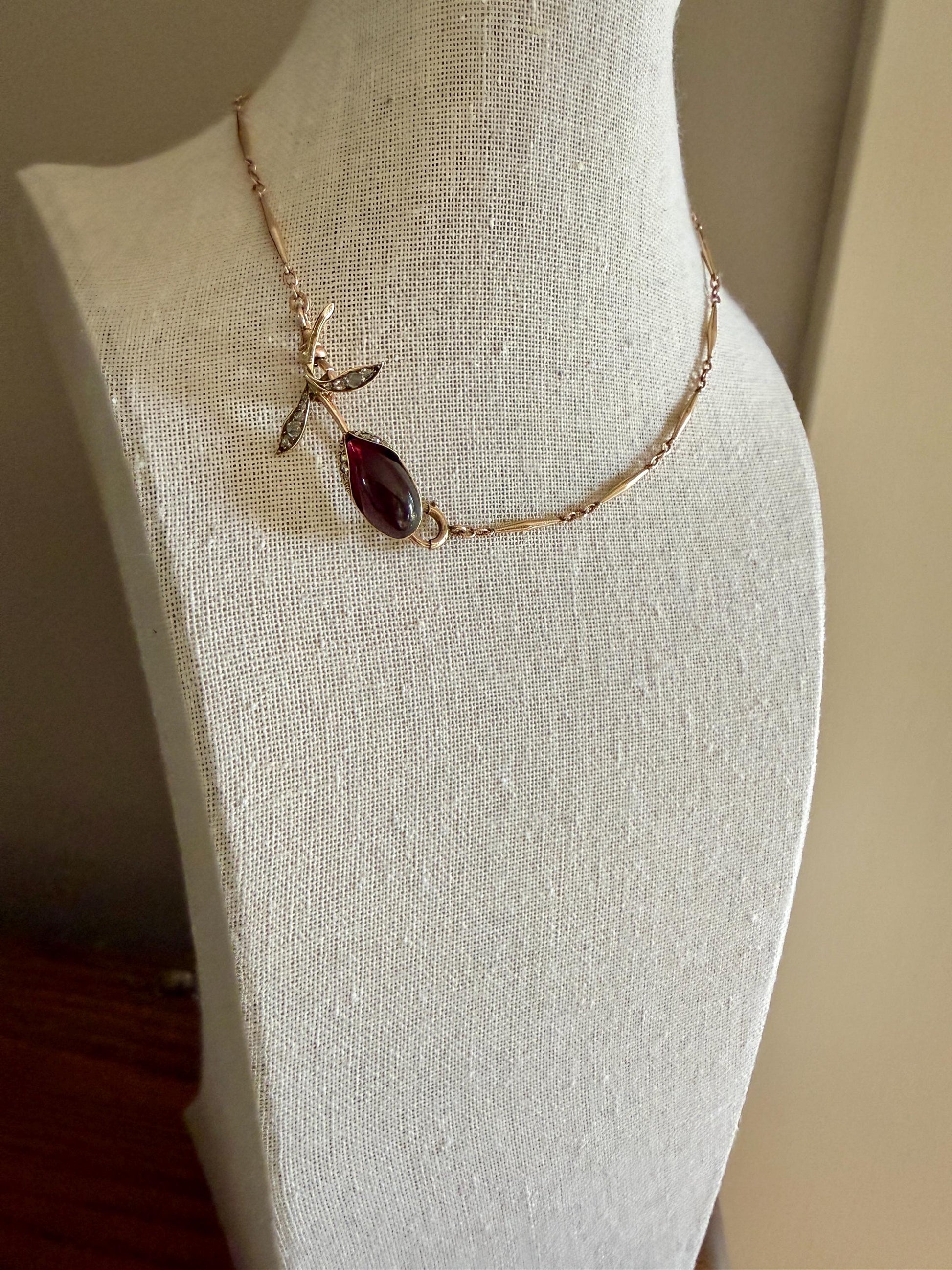 Antique VICTORIAN Juicy GARNET Figural Pendant Rose Cut Diamond Floral Brooch Pin 14k Gold Extender Connector Red Purple Pink