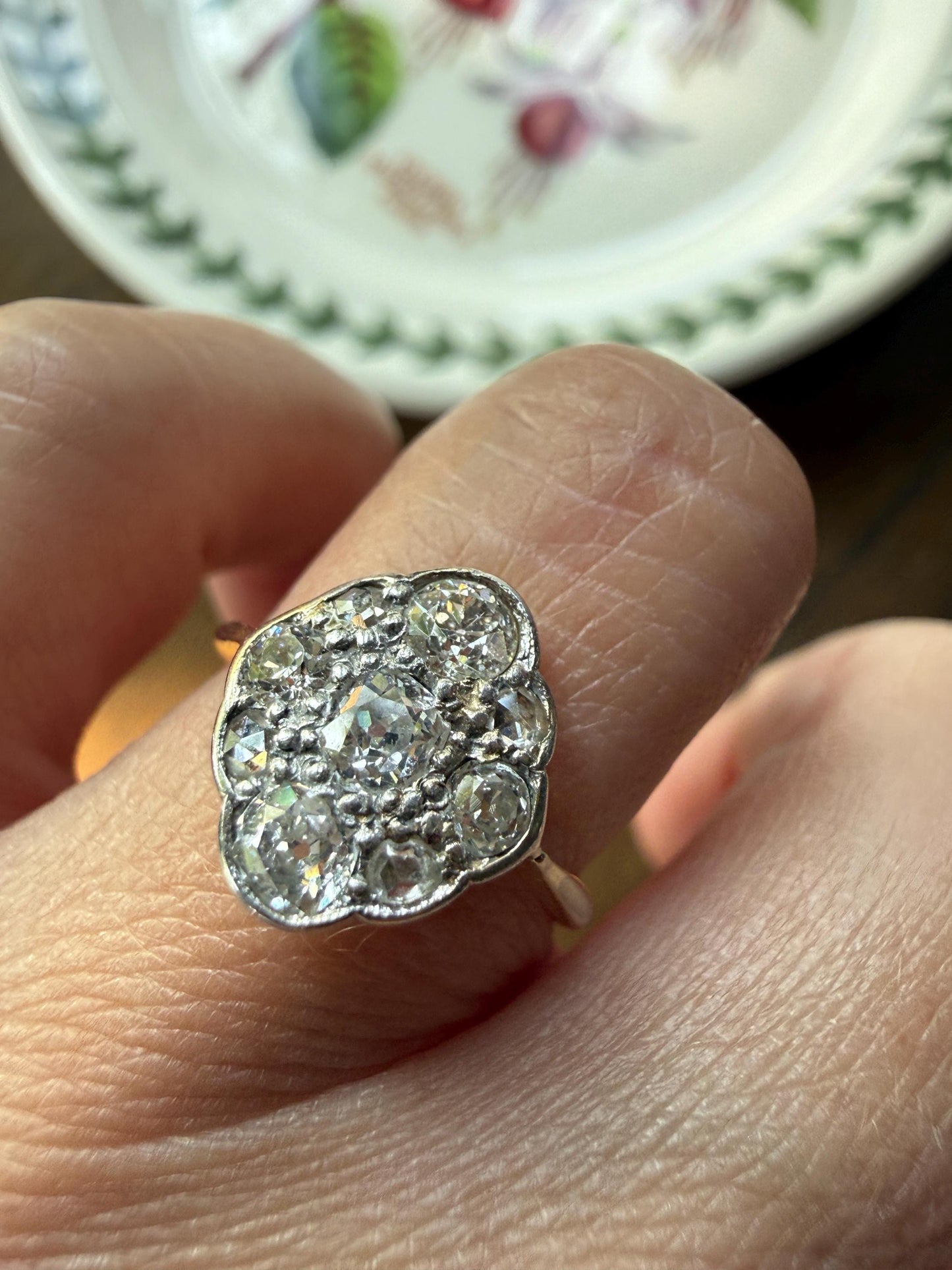 Antique Old Mine Cut DIAMOND Cluster Ring 18k Gold Platinum Edwardian Bezel Set European Rose Cut Mix w/ Insurance Valuation