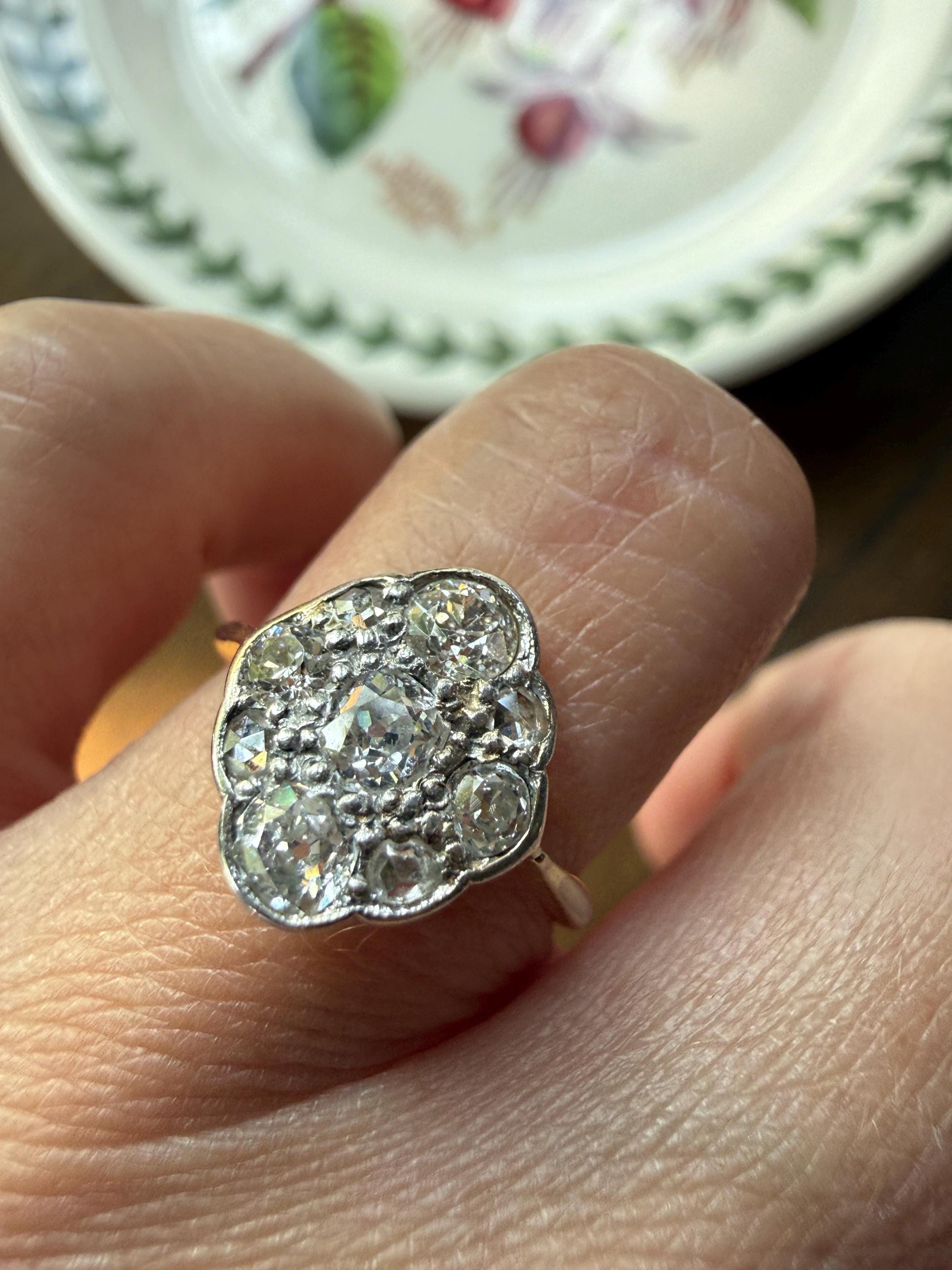 Antique Old Mine Cut DIAMOND Cluster Ring 18k Gold Platinum Edwardian Bezel Set European Rose Cut Mix w/ Insurance Valuation