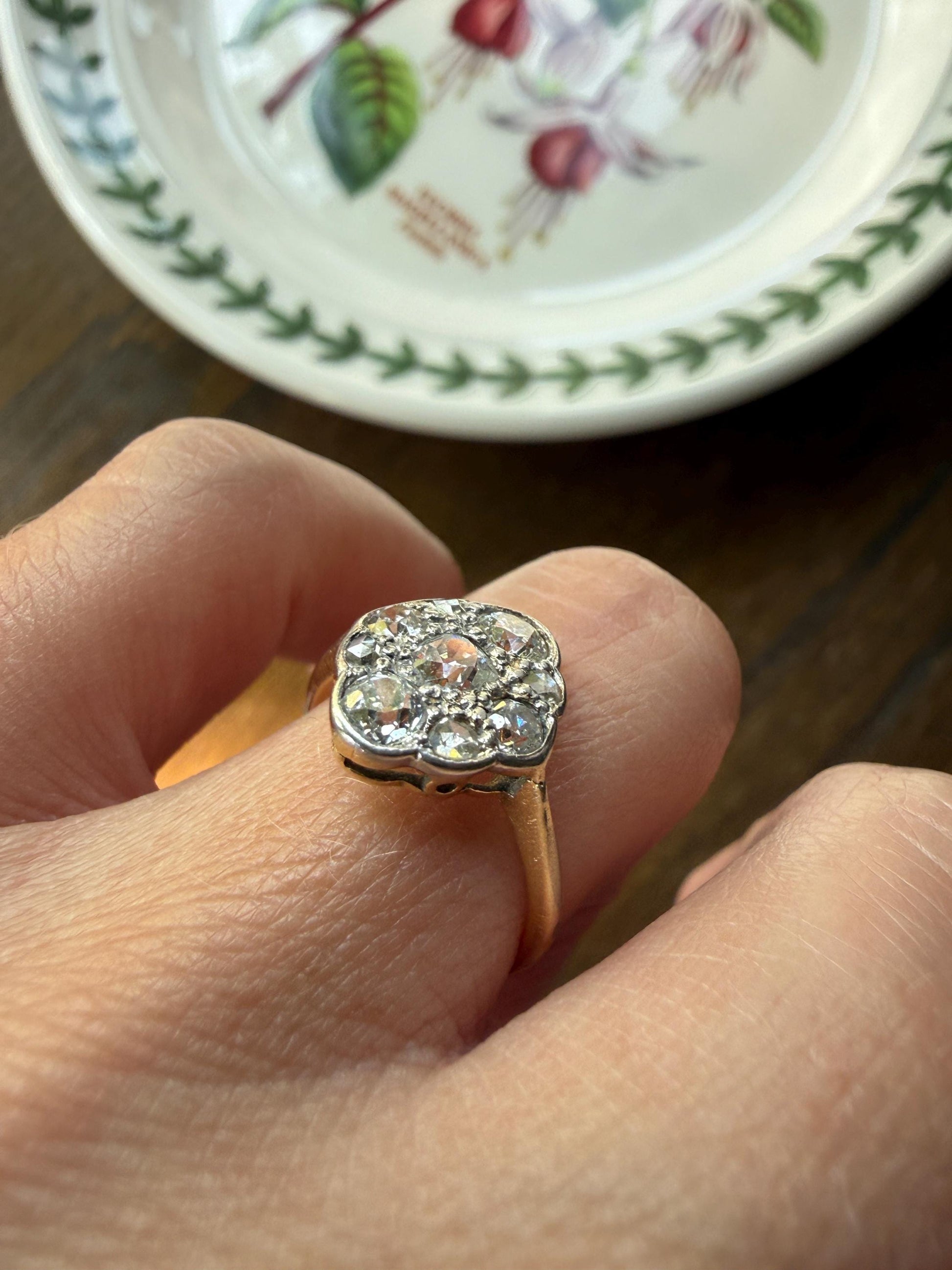 Antique Old Mine Cut DIAMOND Cluster Ring 18k Gold Platinum Edwardian Bezel Set European Rose Cut Mix w/ Insurance Valuation