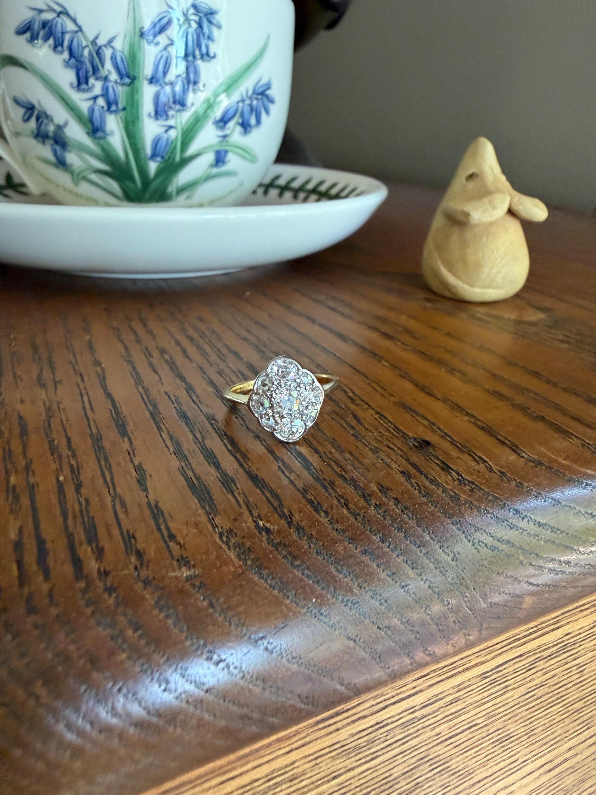 Antique Old Mine Cut DIAMOND Cluster Ring 18k Gold Platinum Edwardian Bezel Set European Rose Cut Mix w/ Insurance Valuation