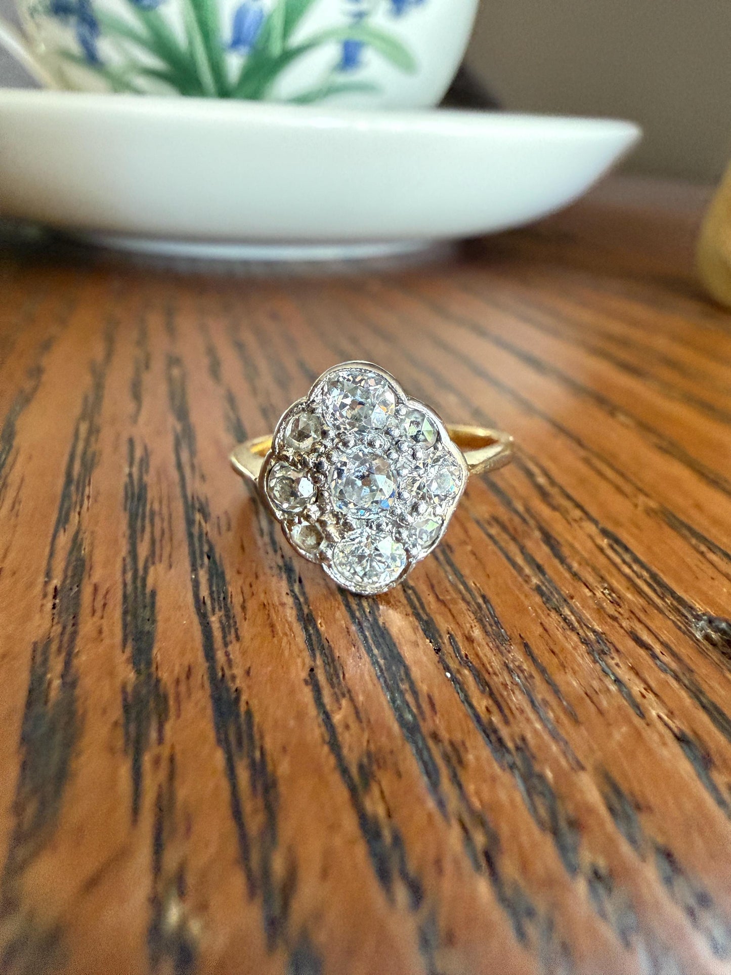 Antique Old Mine Cut DIAMOND Cluster Ring 18k Gold Platinum Edwardian Bezel Set European Rose Cut Mix w/ Insurance Valuation