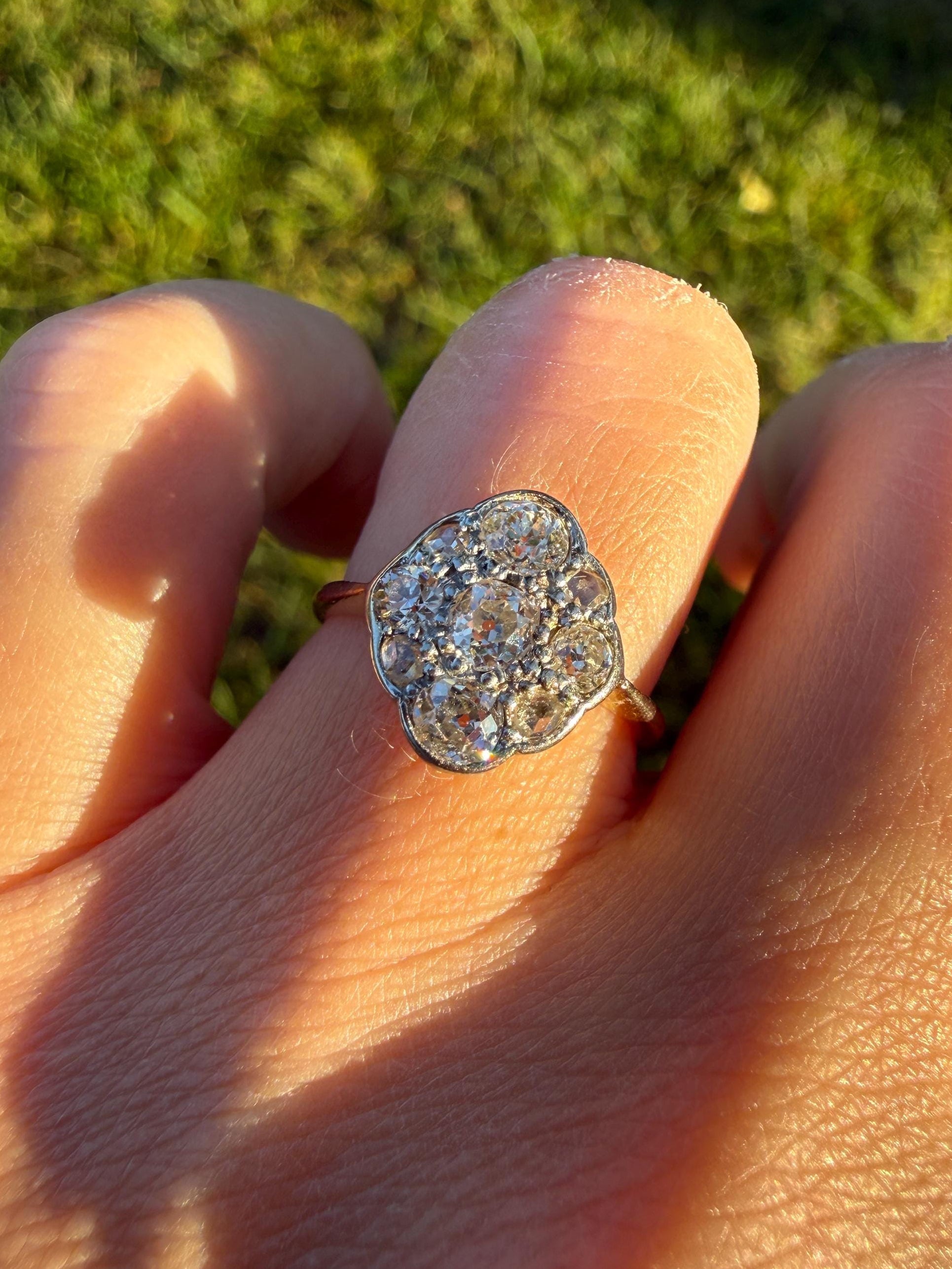 Antique Old Mine Cut DIAMOND Cluster Ring 18k Gold Platinum Edwardian Bezel Set European Rose Cut Mix w/ Insurance Valuation