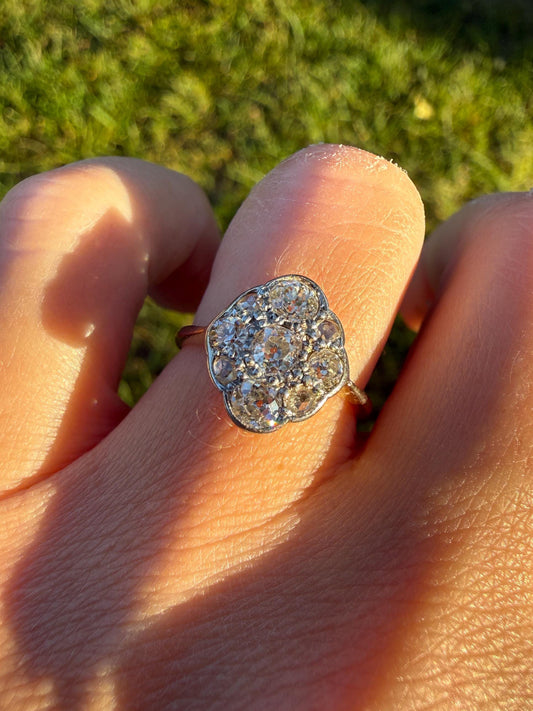 Antique Old Mine Cut DIAMOND Cluster Ring 18k Gold Platinum Edwardian Bezel Set European Rose Cut Mix w/ Insurance Valuation
