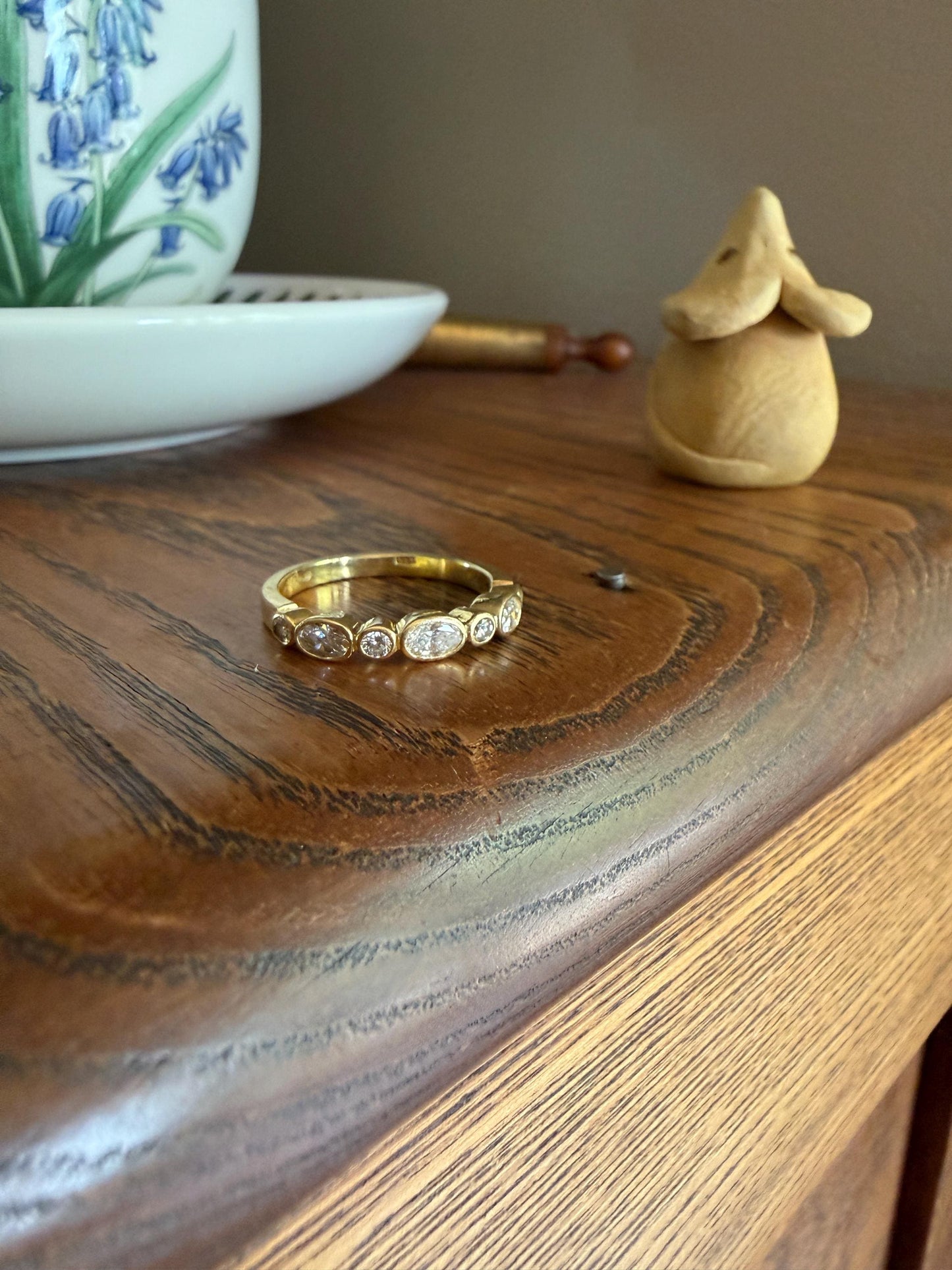 Vintage Seven Stone Oval and Round DIAMOND East West Skinny Band 18k Gold Ring Minimalist Stacker Half Hoop