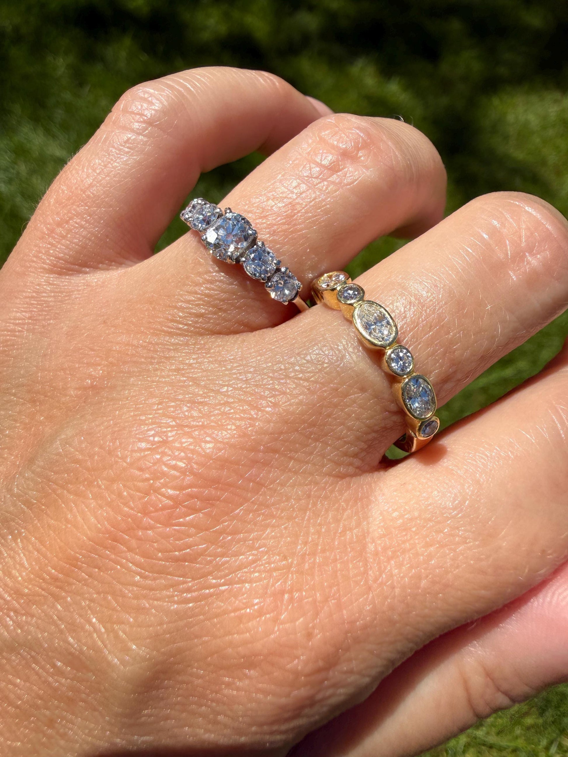 Vintage Seven Stone Oval and Round DIAMOND East West Skinny Band 18k Gold Ring Minimalist Stacker Half Hoop