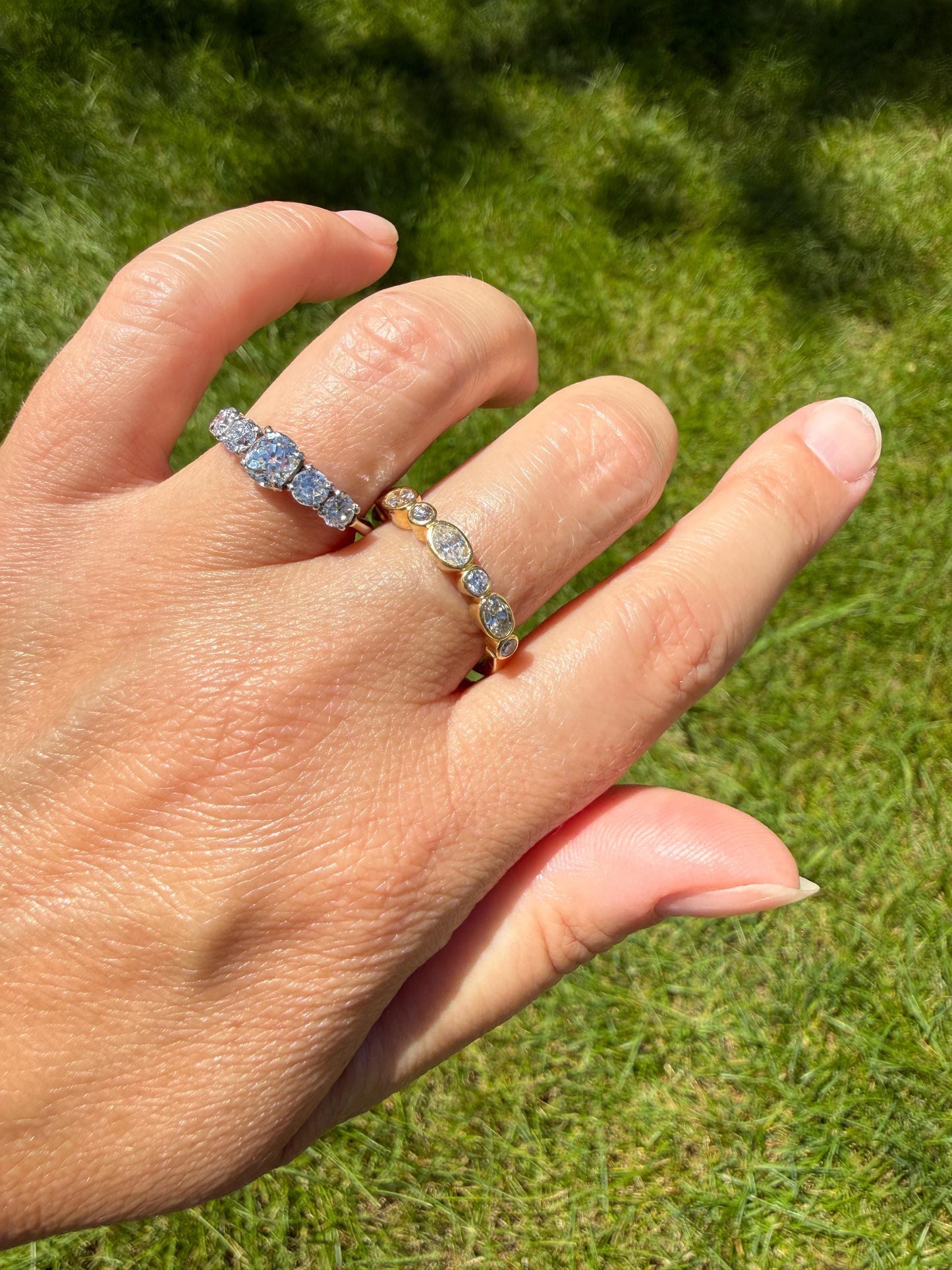Vintage Seven Stone Oval and Round DIAMOND East West Skinny Band 18k Gold Ring Minimalist Stacker Half Hoop