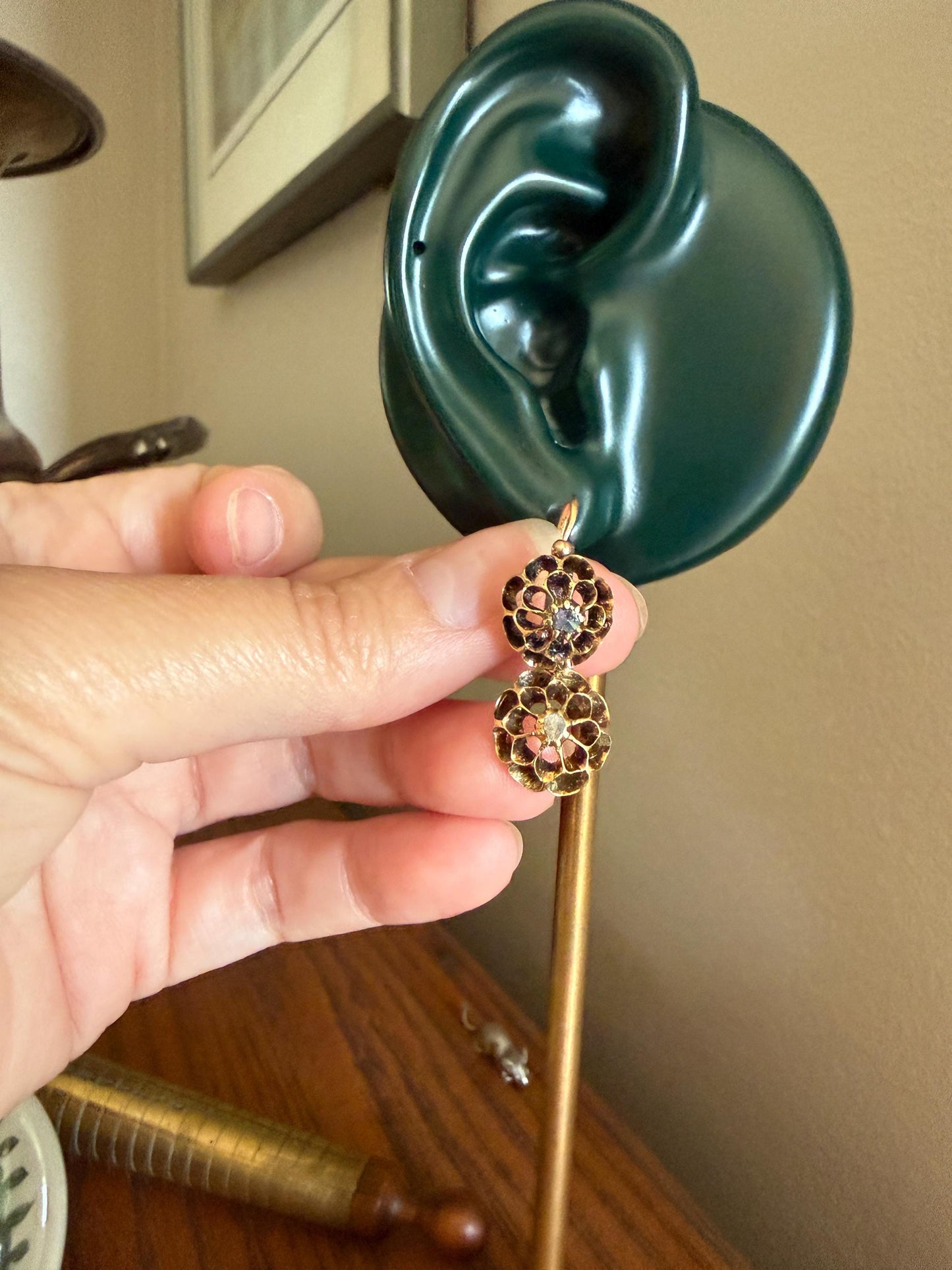 Antique Buttercup Rose Cut Diamond Day to Night Dormeuse Studs to Dangle Victorian Earrings 18k Gold Solid Scalloped Domed
