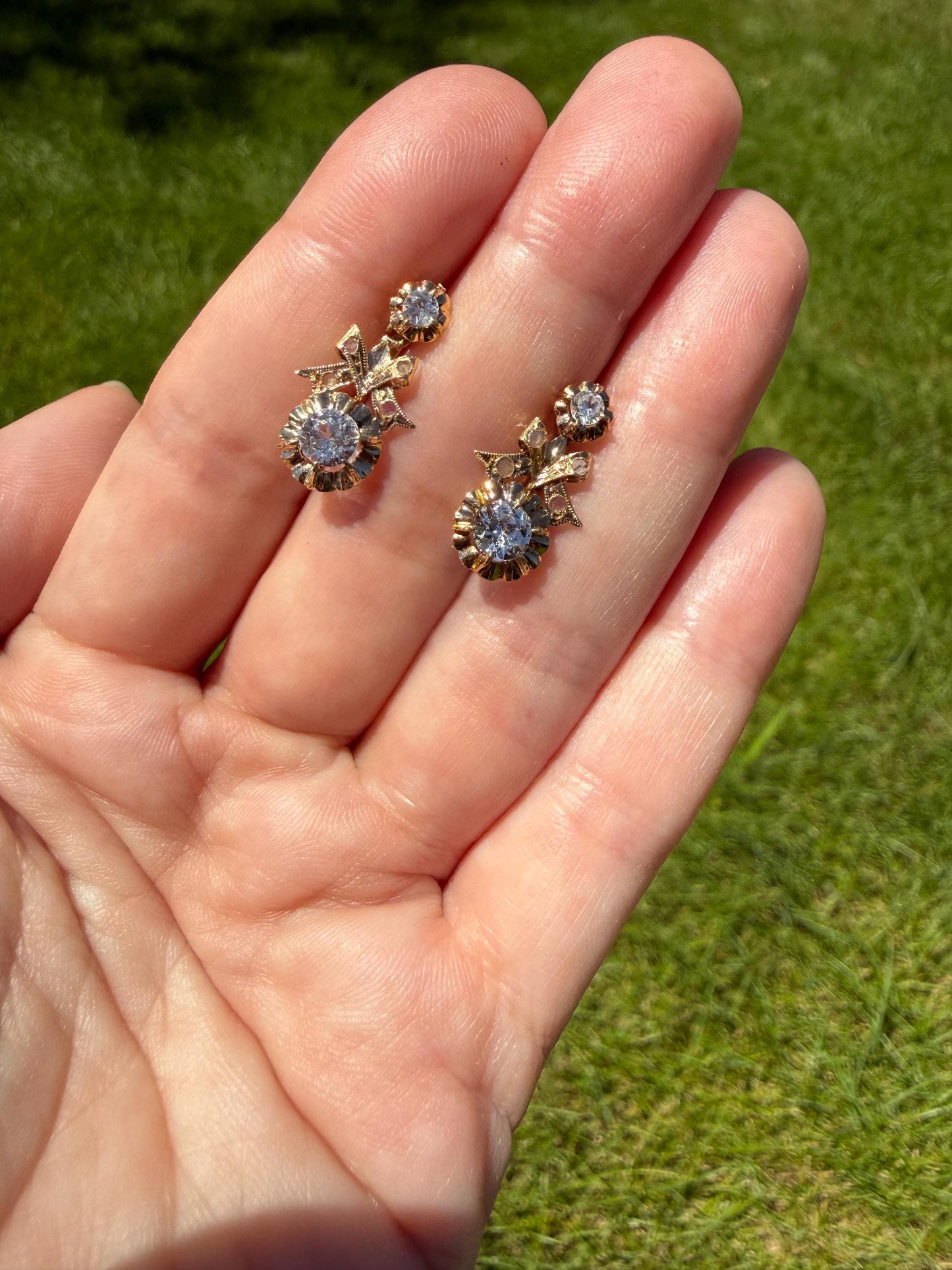 BOWS Antique Clear One Carat Old Transitional Cut White TOPAZ Dangle Earrings 18k Gold Solid Figural Ornate Bright and Sparkly
