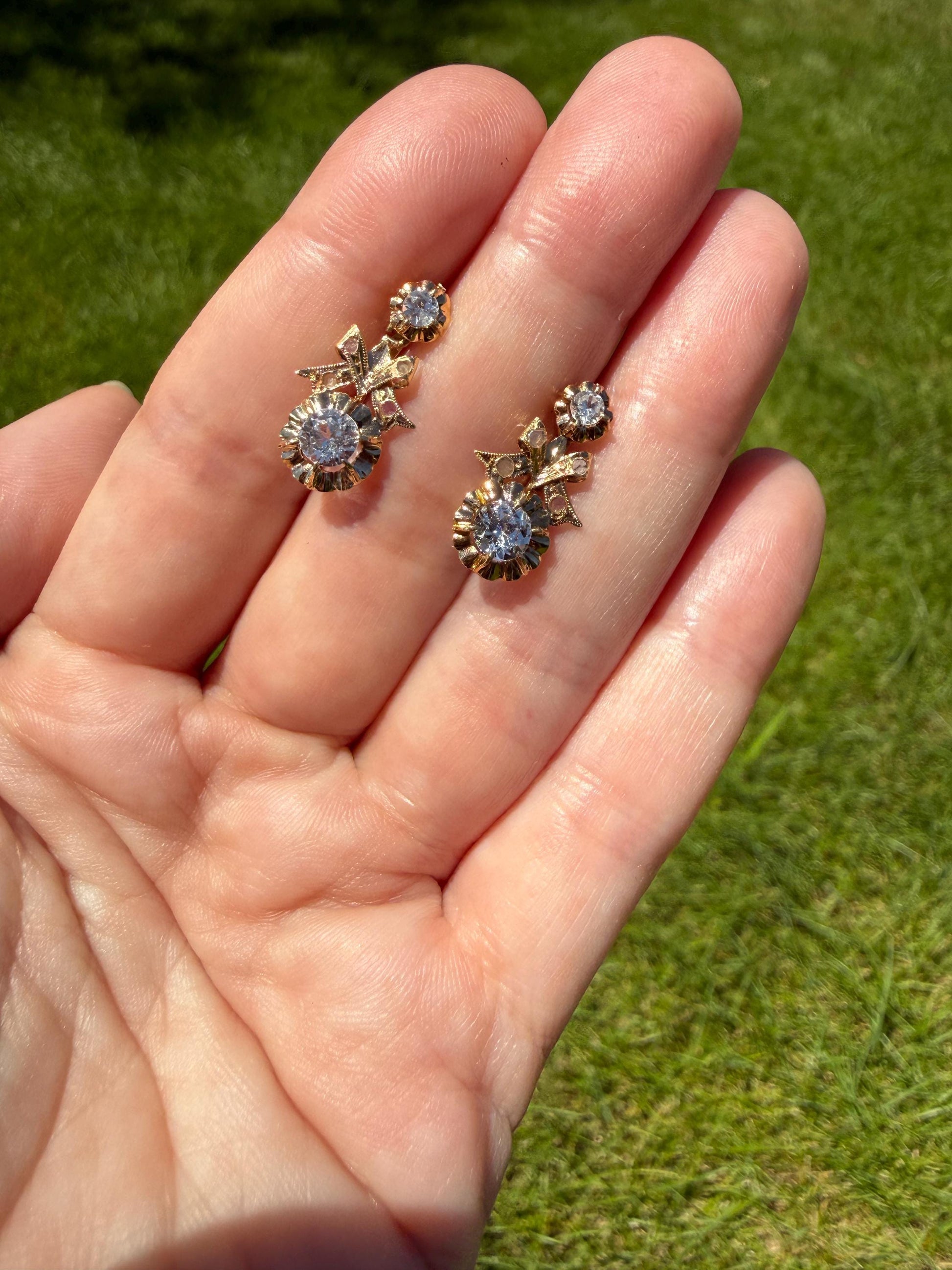 BOWS Antique Clear One Carat Old Transitional Cut White TOPAZ Dangle Earrings 18k Gold Solid Figural Ornate Bright and Sparkly