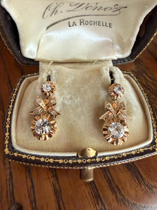BOWS Antique Clear One Carat Old Transitional Cut White TOPAZ Dangle Earrings 18k Gold Solid Figural Ornate Bright and Sparkly