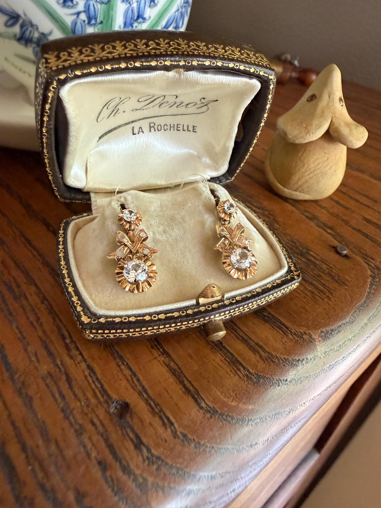 BOWS Antique Clear One Carat Old Transitional Cut White TOPAZ Dangle Earrings 18k Gold Solid Figural Ornate Bright and Sparkly