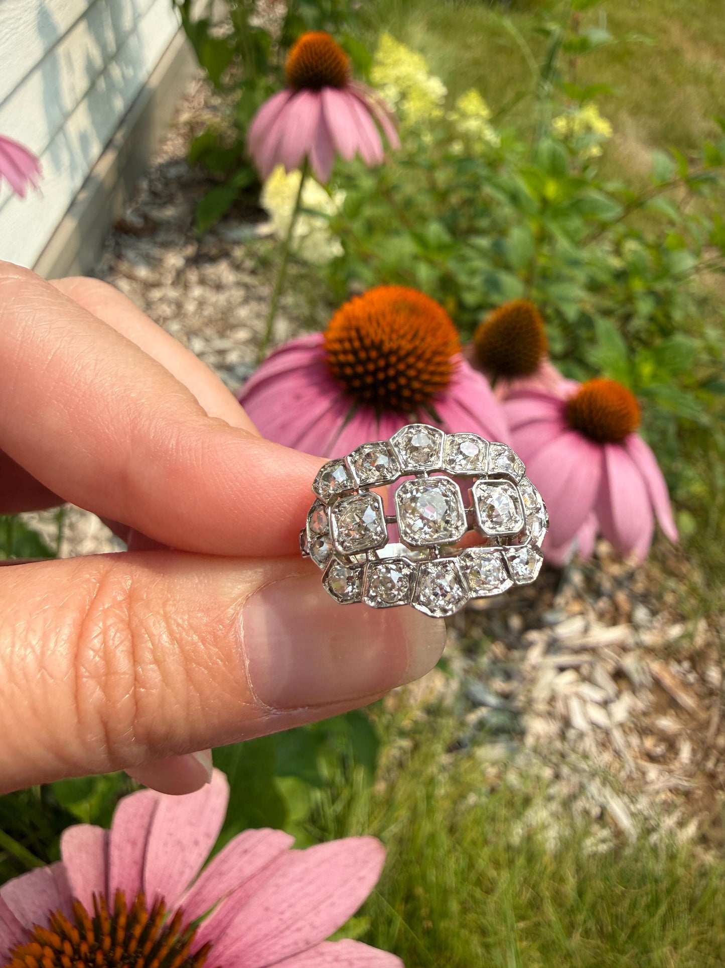 Ornate Art Deco 1.5 Carat Rose & Old Mine Cut Diamond Cluster Ring 18k White Gold Platinum East West Wide Three Stone Halo Cocktail Stacker