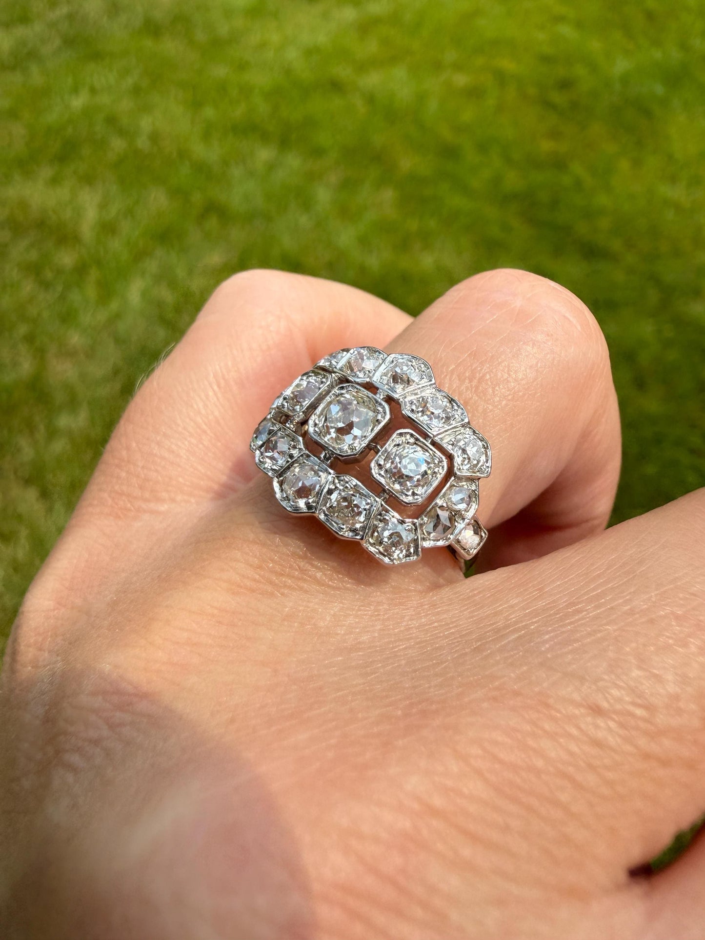 Ornate Art Deco 1.5 Carat Rose & Old Mine Cut Diamond Cluster Ring 18k White Gold Platinum East West Wide Three Stone Halo Cocktail Stacker