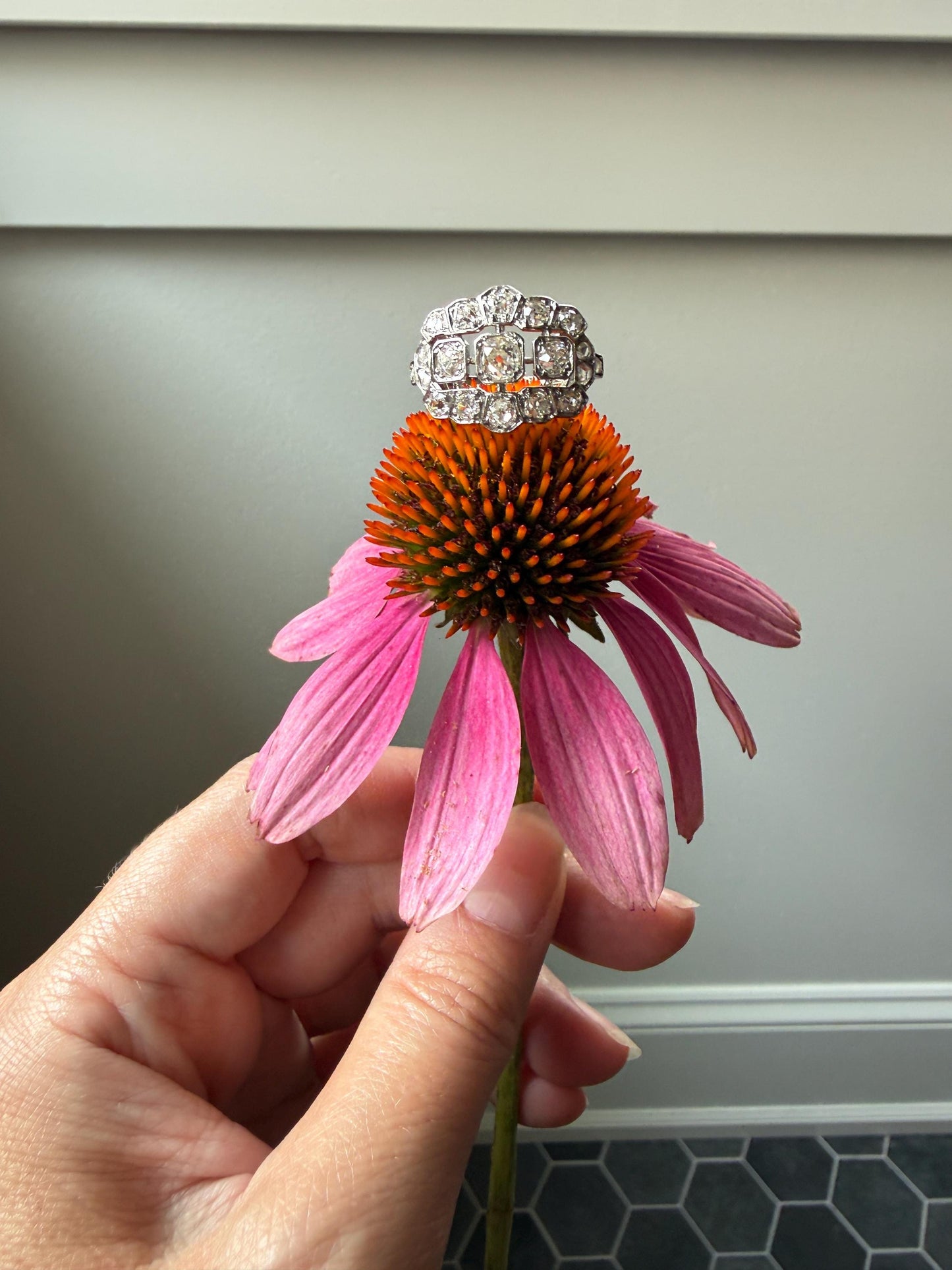Ornate Art Deco 1.5 Carat Rose & Old Mine Cut Diamond Cluster Ring 18k White Gold Platinum East West Wide Three Stone Halo Cocktail Stacker