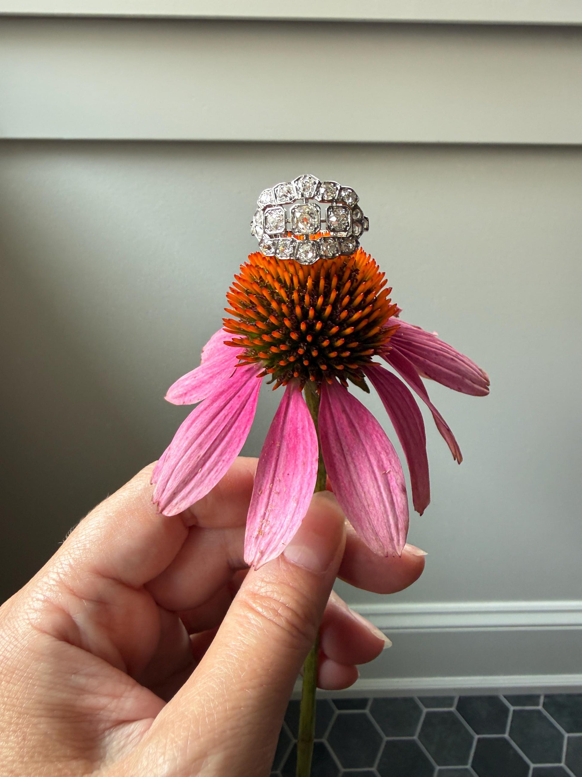 Ornate Art Deco 1.5 Carat Rose & Old Mine Cut Diamond Cluster Ring 18k White Gold Platinum East West Wide Three Stone Halo Cocktail Stacker