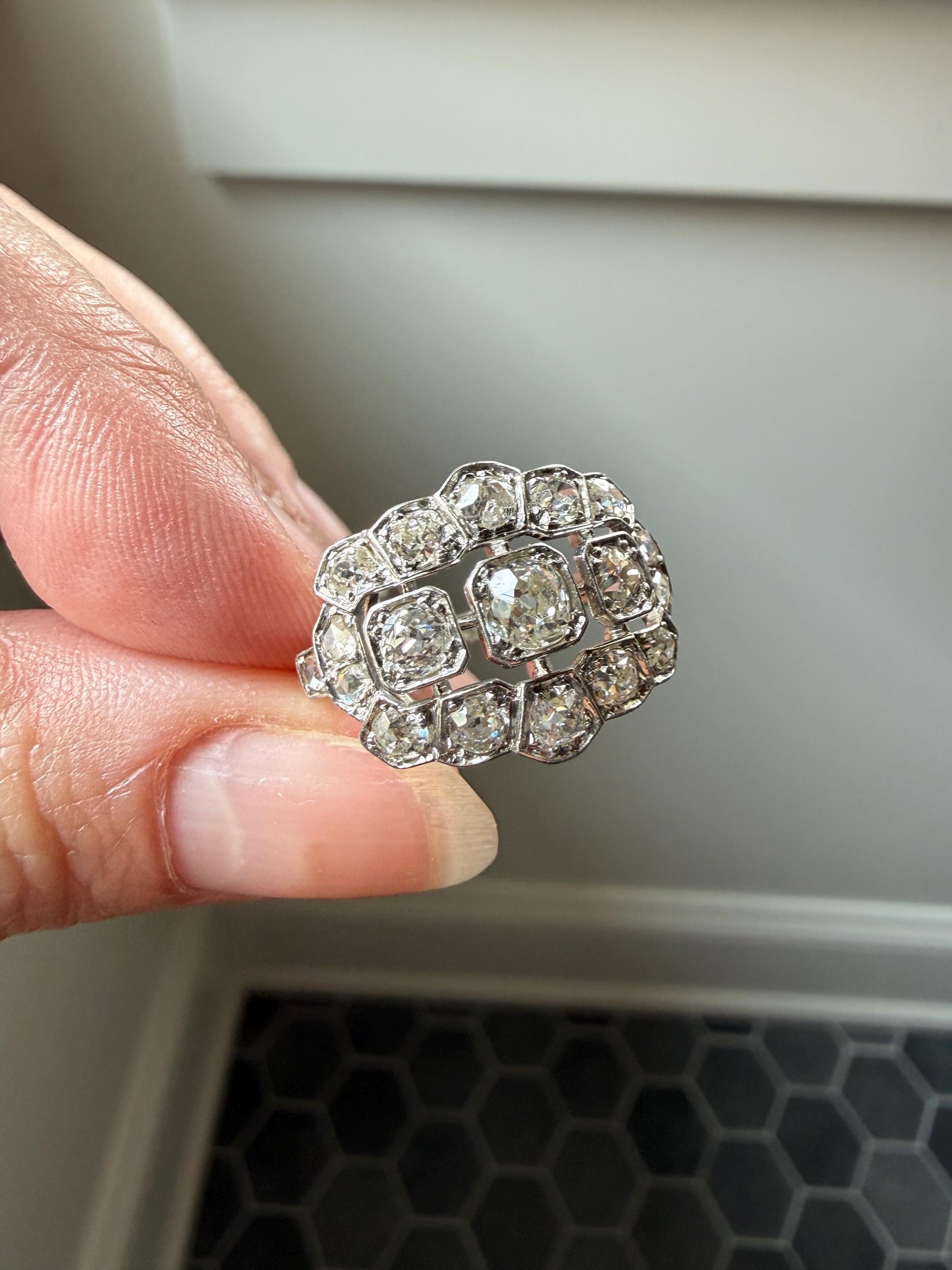 Ornate Art Deco 1.5 Carat Rose & Old Mine Cut Diamond Cluster Ring 18k White Gold Platinum East West Wide Three Stone Halo Cocktail Stacker