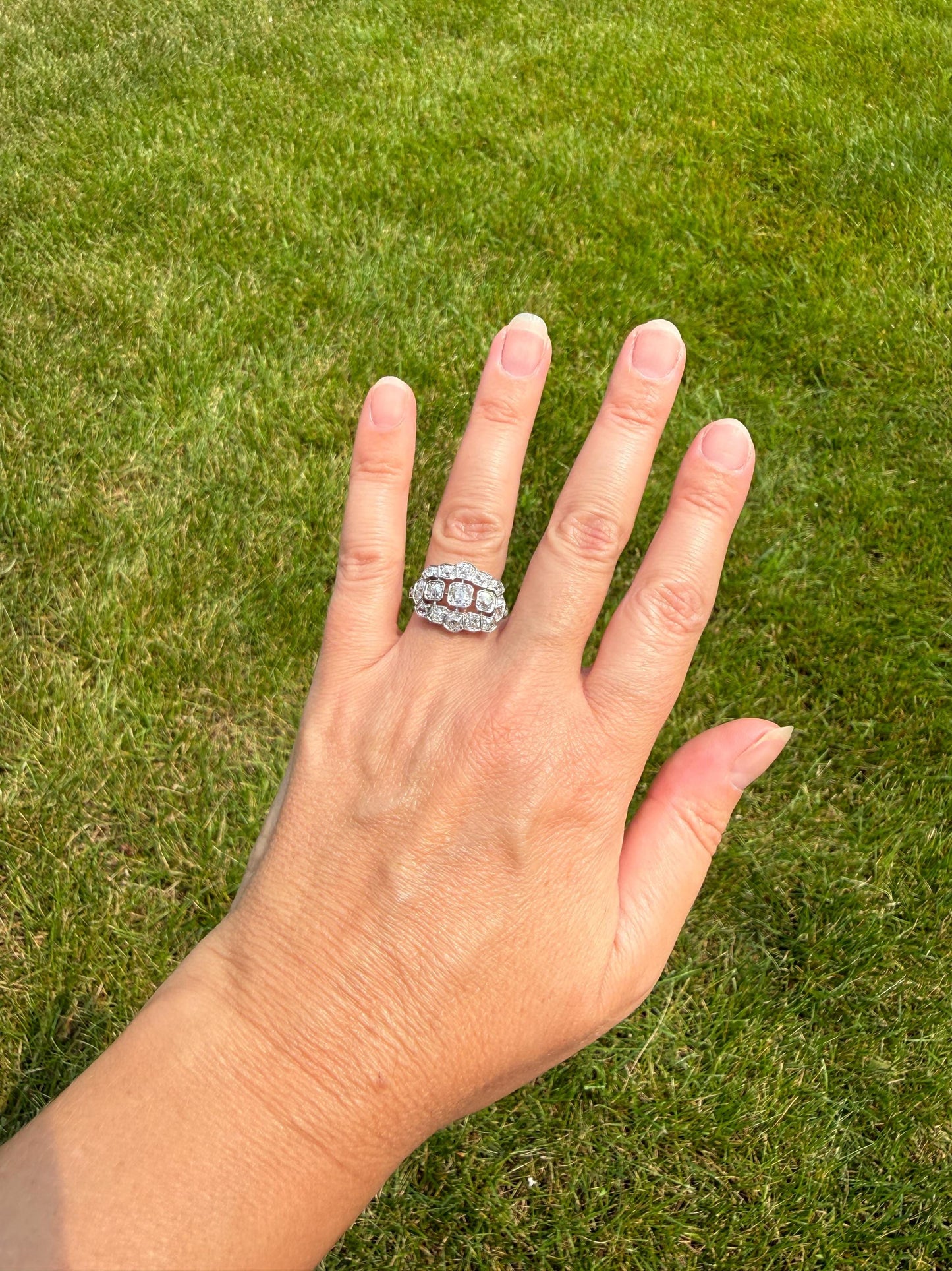 Ornate Art Deco 1.5 Carat Rose & Old Mine Cut Diamond Cluster Ring 18k White Gold Platinum East West Wide Three Stone Halo Cocktail Stacker