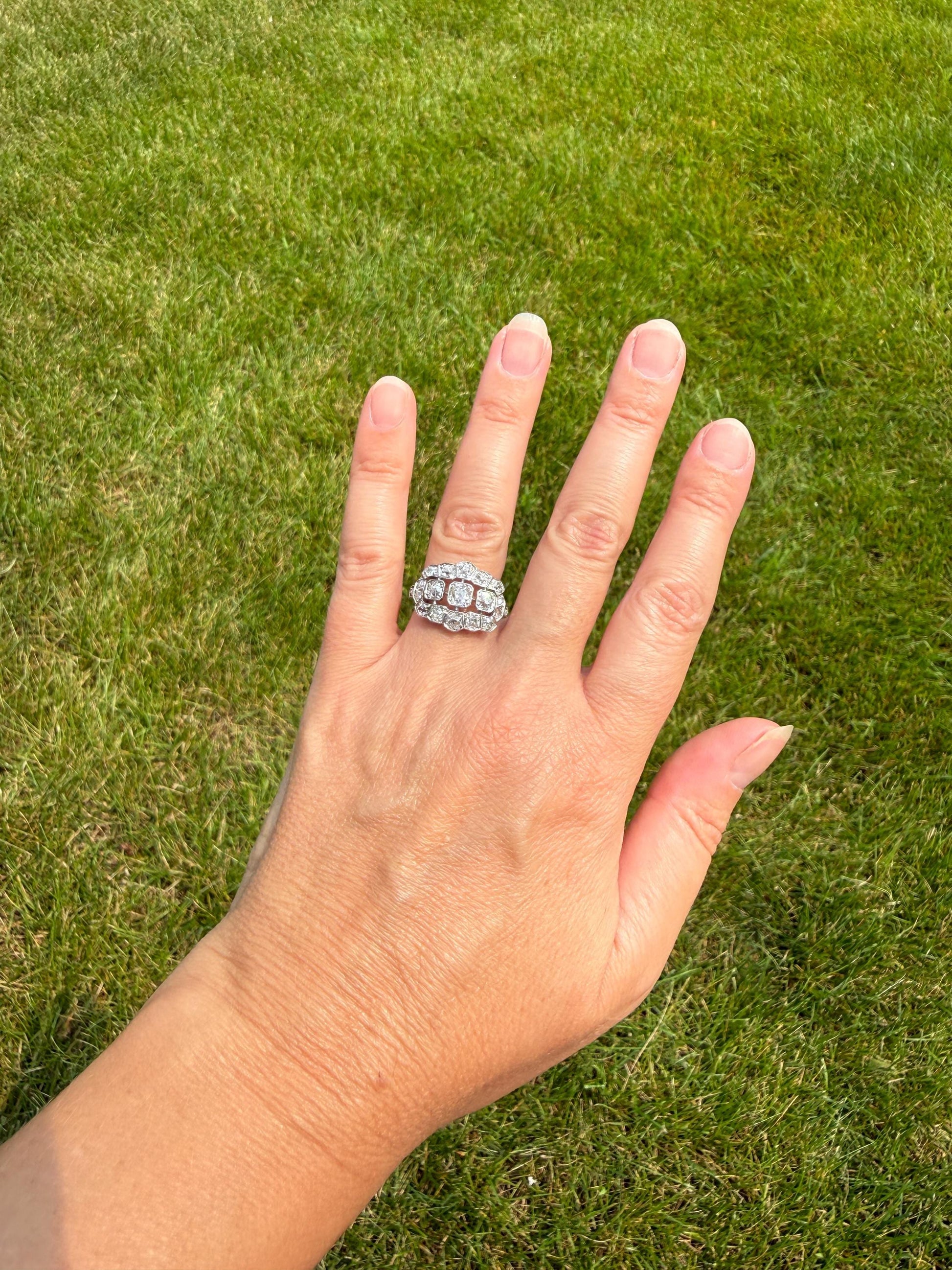 Ornate Art Deco 1.5 Carat Rose & Old Mine Cut Diamond Cluster Ring 18k White Gold Platinum East West Wide Three Stone Halo Cocktail Stacker