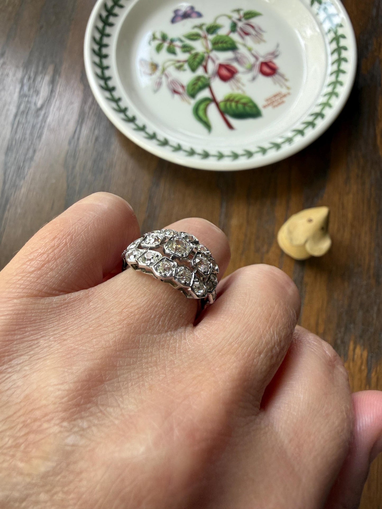 Ornate Art Deco 1.5 Carat Rose & Old Mine Cut Diamond Cluster Ring 18k White Gold Platinum East West Wide Three Stone Halo Cocktail Stacker