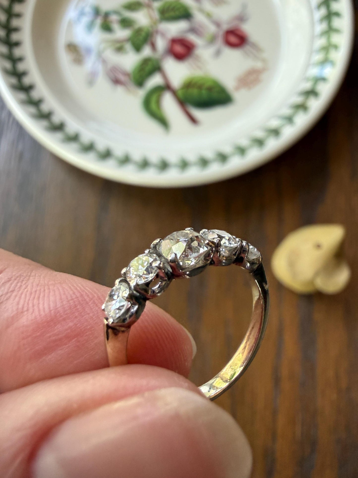 Five Stone 1.2 Carat Old Mine & Transitional Cut Natural Diamond Band French 18k White Gold Platinum Stacker Ring