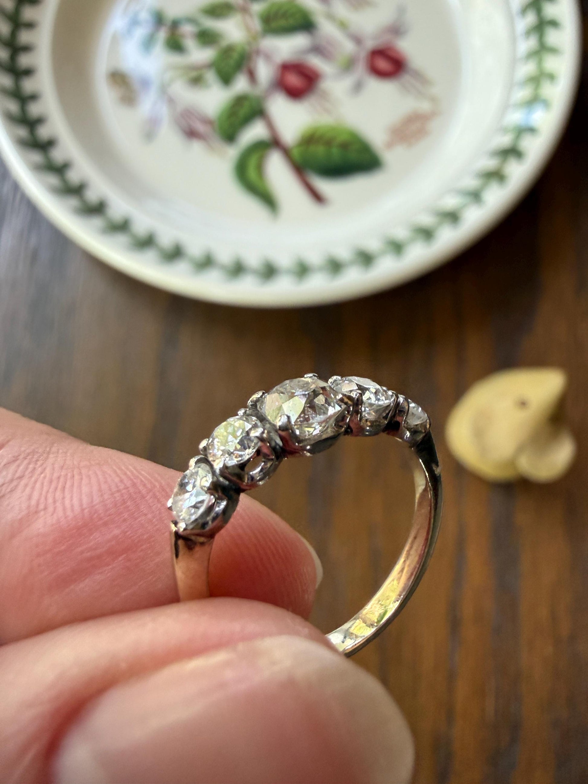 Five Stone 1.2 Carat Old Mine & Transitional Cut Natural Diamond Band French 18k White Gold Platinum Stacker Ring