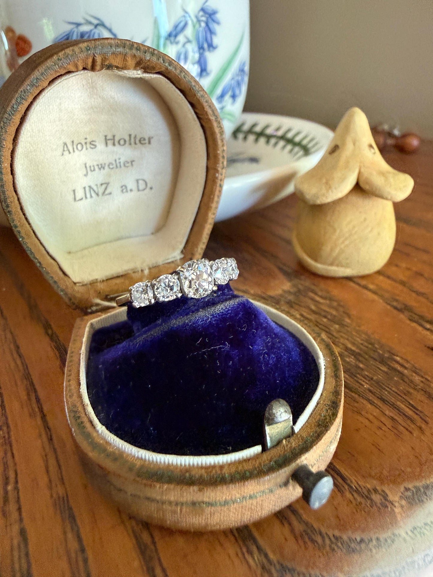 Five Stone 1.2 Carat Old Mine & Transitional Cut Natural Diamond Band French 18k White Gold Platinum Stacker Ring