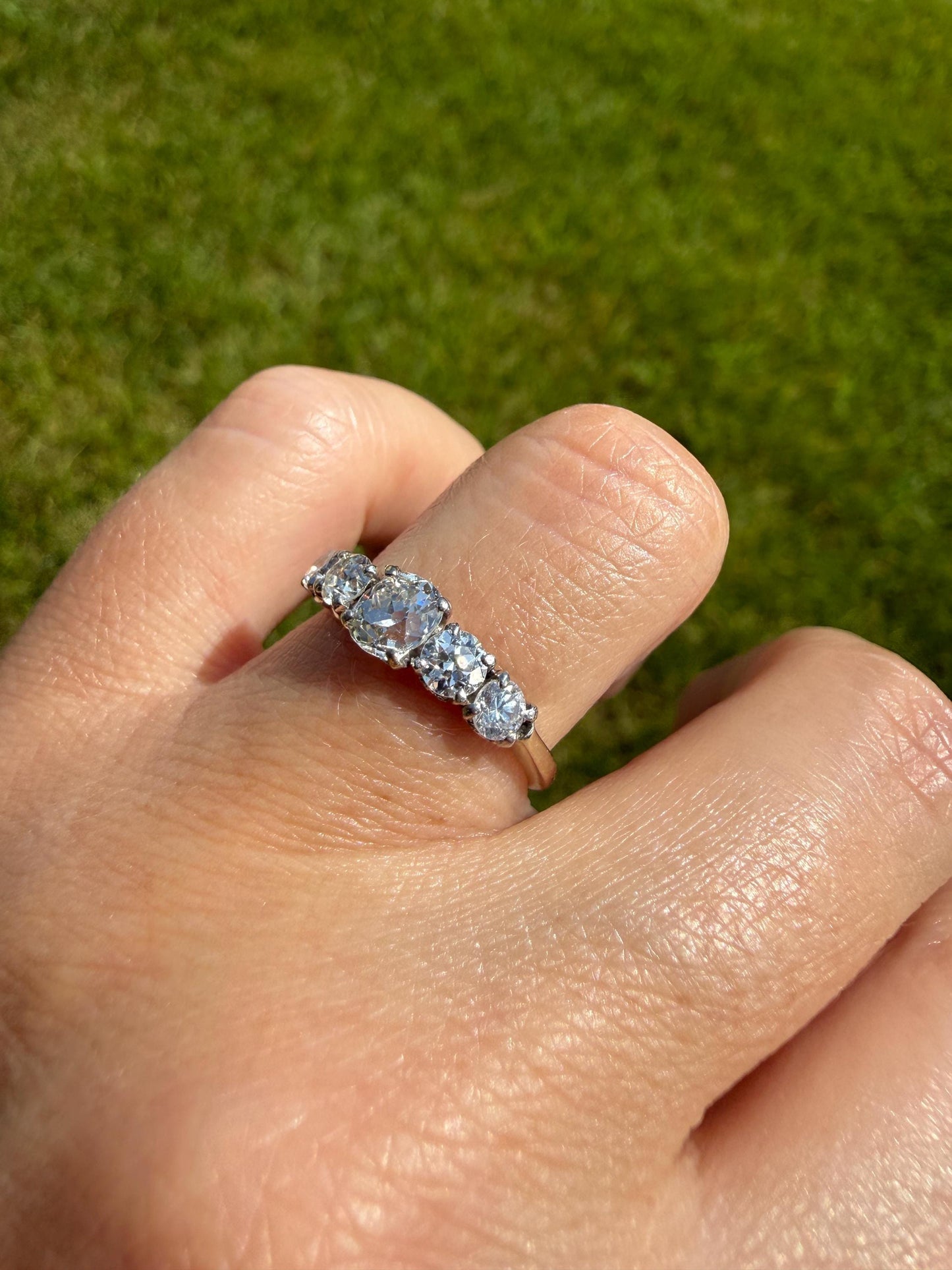 Five Stone 1.2 Carat Old Mine & Transitional Cut Natural Diamond Band French 18k White Gold Platinum Stacker Ring